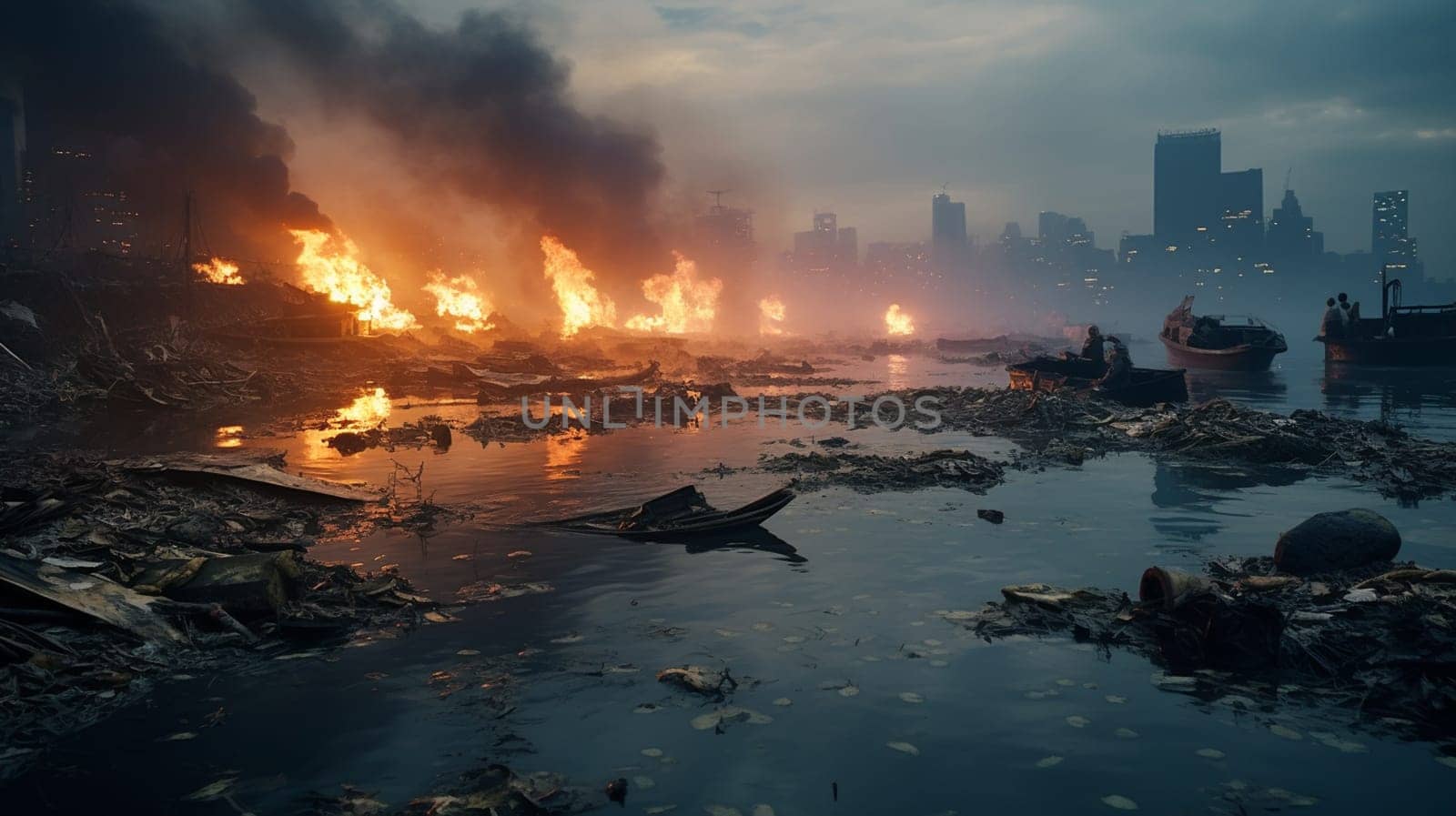 Illustration of industrial pollution as environmental disaster with smoke and fire. High quality photo