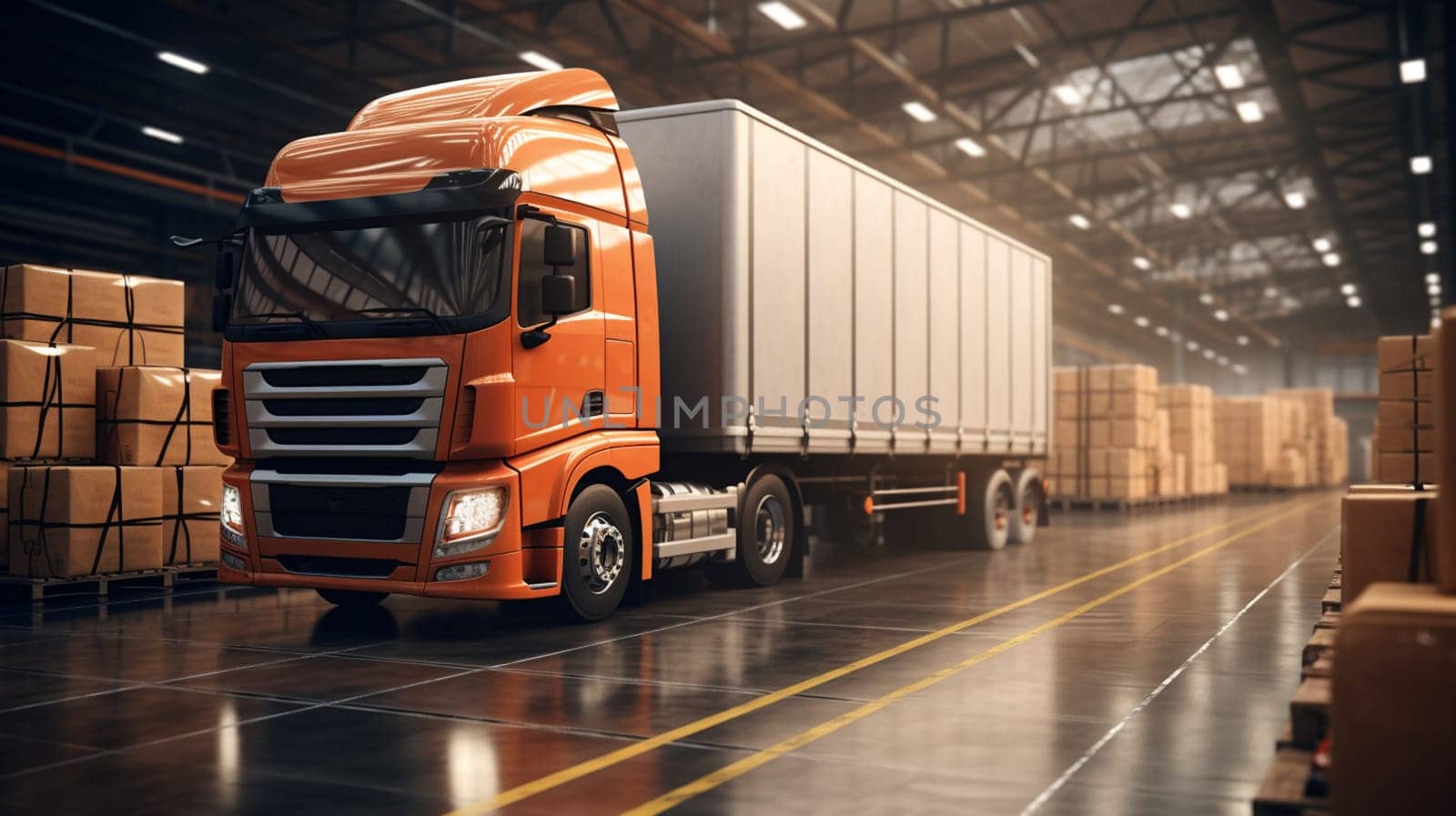 Generic 3d model of cargo trucks on warehouse parking. Logistic center. Delivery, transport concept. 3d rendering. 3D Illustration