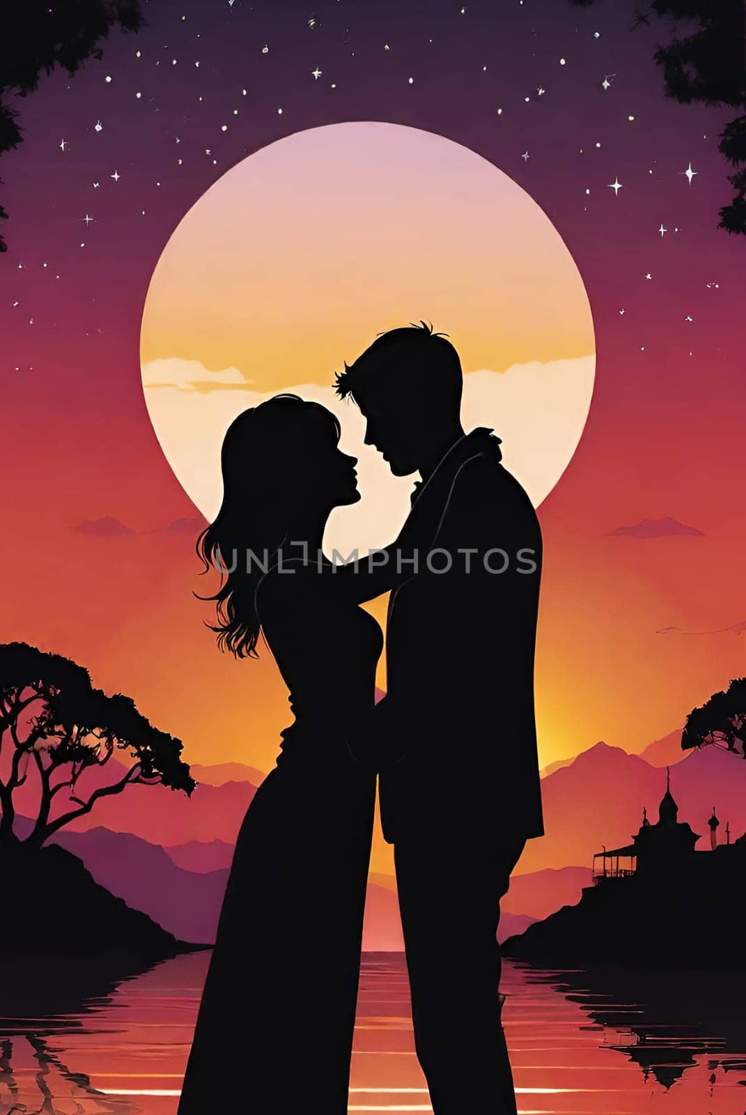 Silhouette of a loving couple on the background of the sunset. Love and Valentine day concept. Vector illustration.Silhouette of a loving couple at sunset.