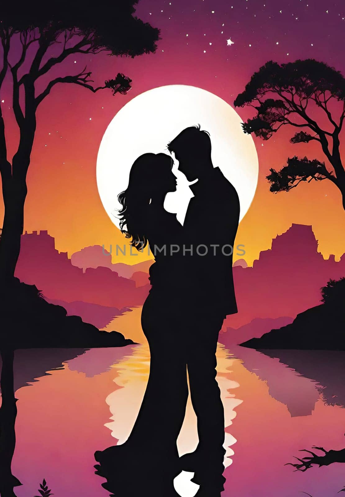 Silhouette of a loving couple on the background of the sunset. Love and Valentine day concept. Vector illustration.Silhouette of a loving couple at sunset.