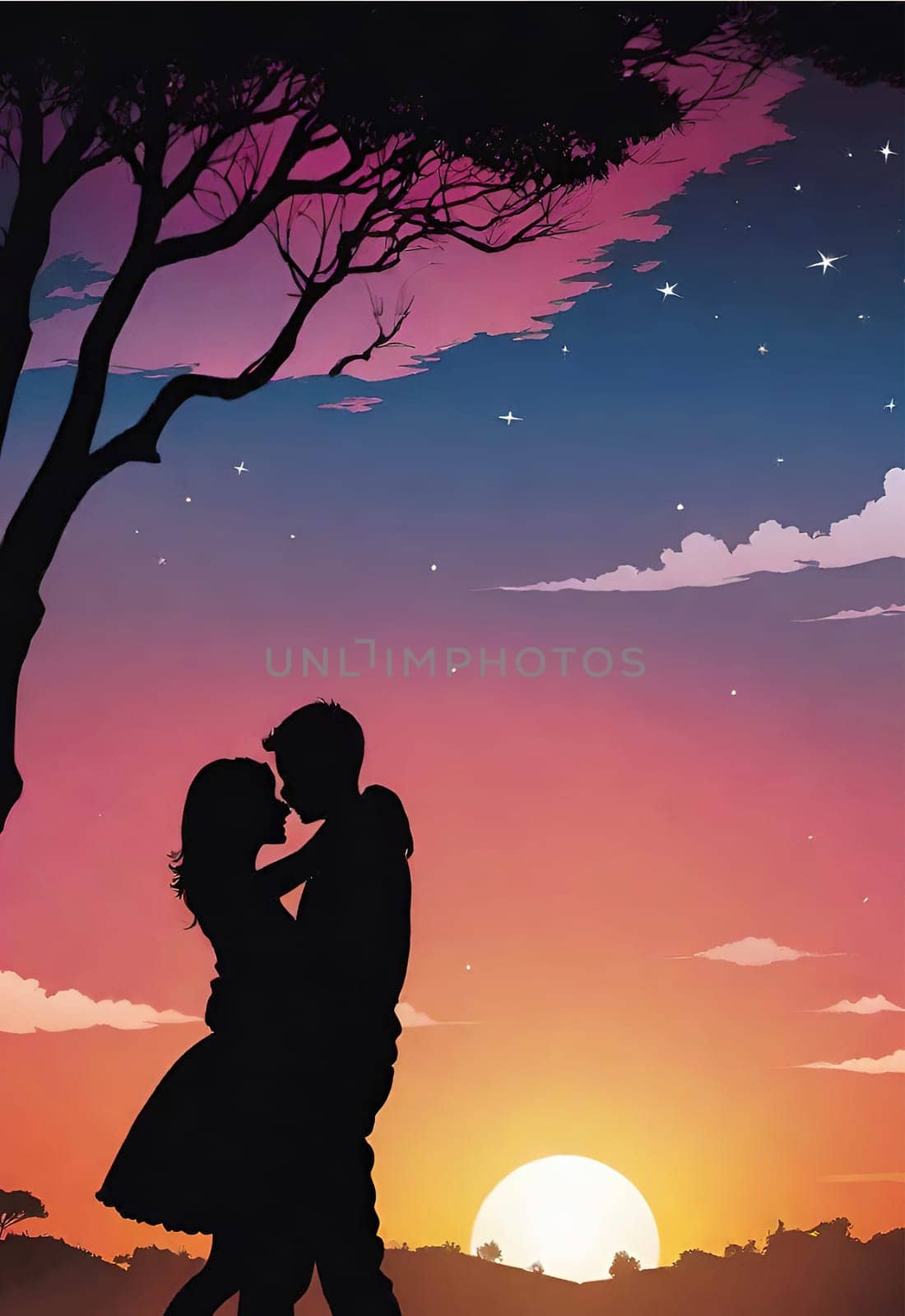 Silhouette of a loving couple on the background of the sunset. Love and Valentine day concept. Vector illustration.Silhouette of a loving couple at sunset.