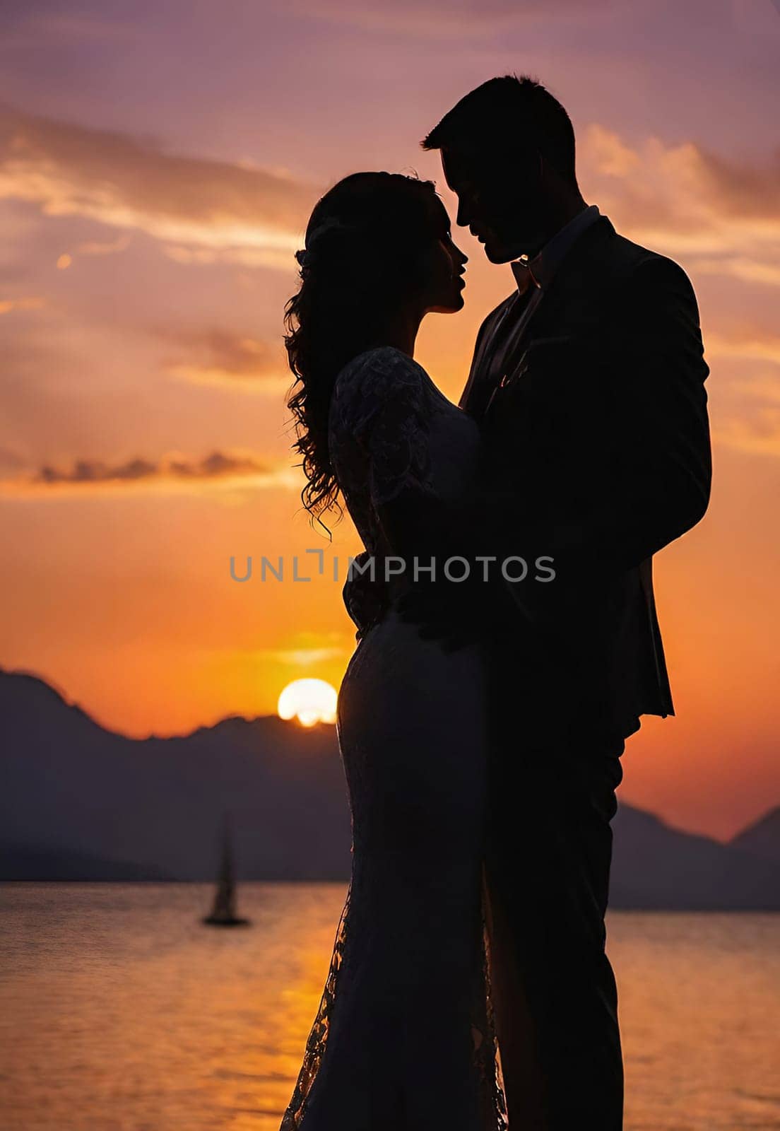 Silhouette of a loving couple on the background of the sunset. by yilmazsavaskandag