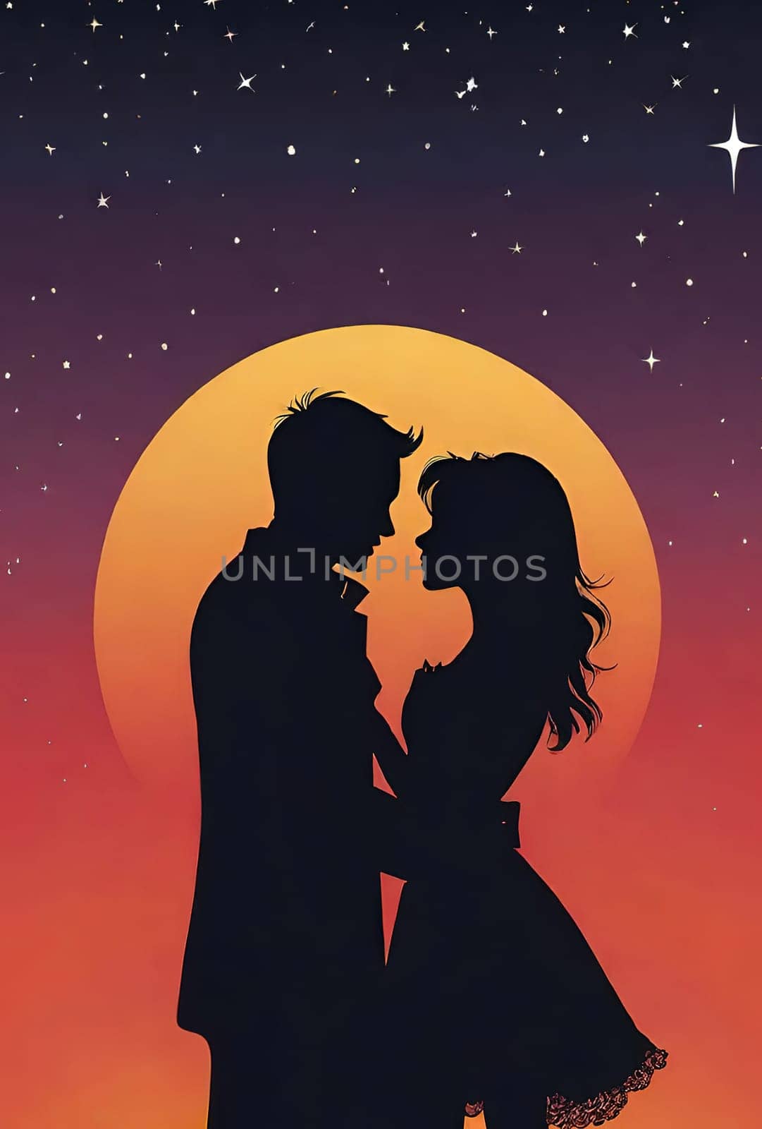 Silhouette of a loving couple on the background of the sunset. Love and Valentine day concept. Vector illustration.Silhouette of a loving couple at sunset.