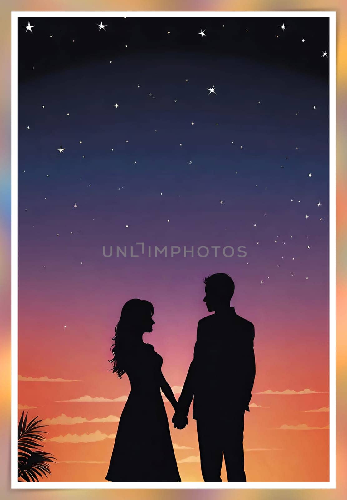 Silhouette of a loving couple on the background of the sunset. Love and Valentine day concept. Vector illustration.Silhouette of a loving couple at sunset.