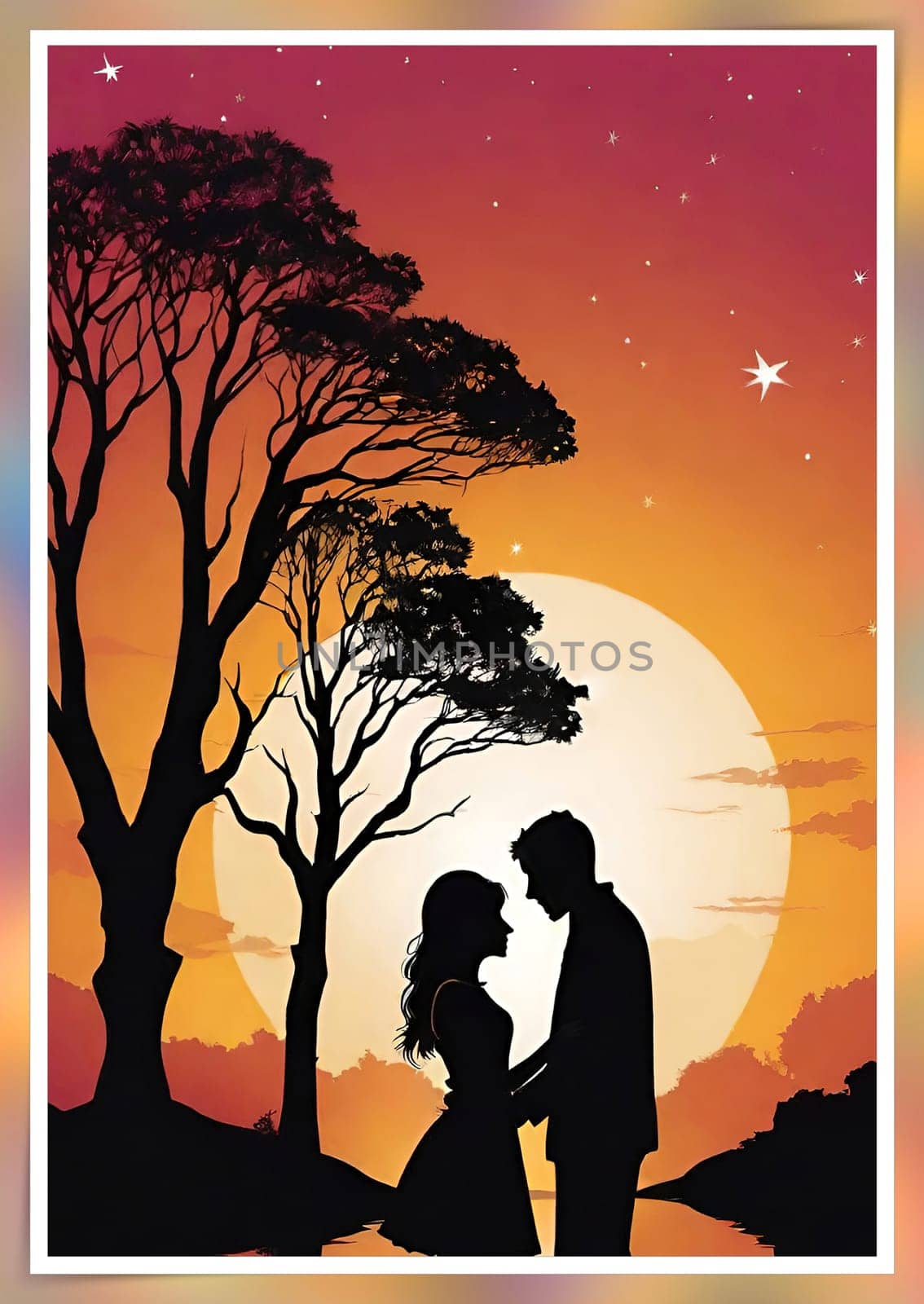 Silhouette of a loving couple on the background of the sunset. Love and Valentine day concept. Vector illustration.Silhouette of a loving couple at sunset.