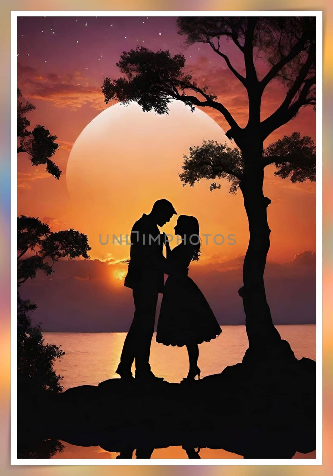 Silhouette of a loving couple on the background of the sunset. by yilmazsavaskandag