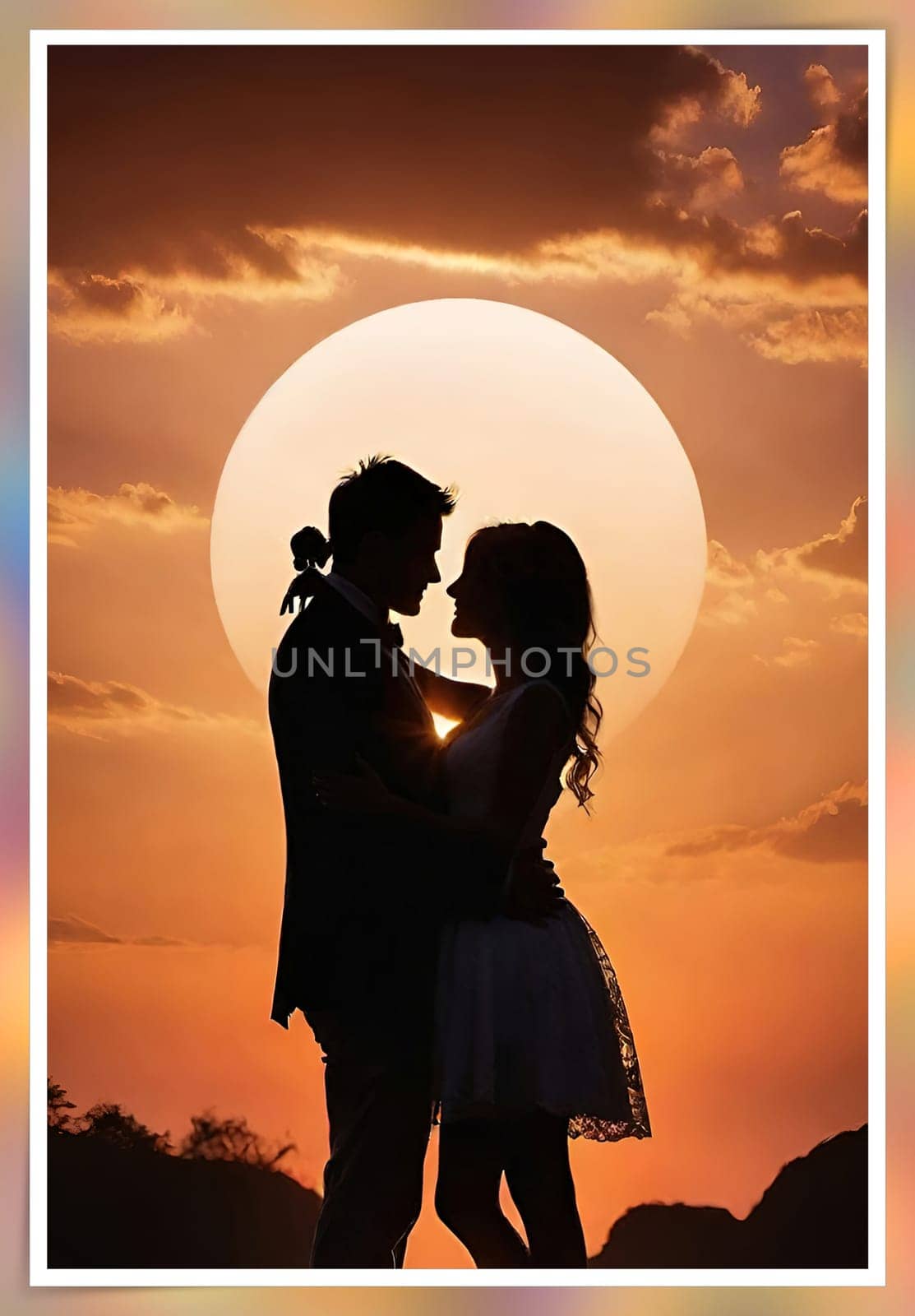 Silhouette of a loving couple on the background of the sunset. Love and Valentine day concept. Vector illustration.Silhouette of a loving couple at sunset.