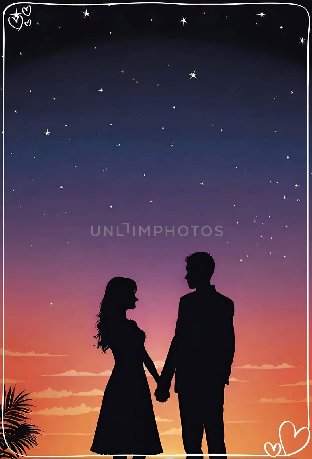 Silhouette of a loving couple on the background of the sunset. Love and Valentine day concept. Vector illustration.Silhouette of a loving couple at sunset.