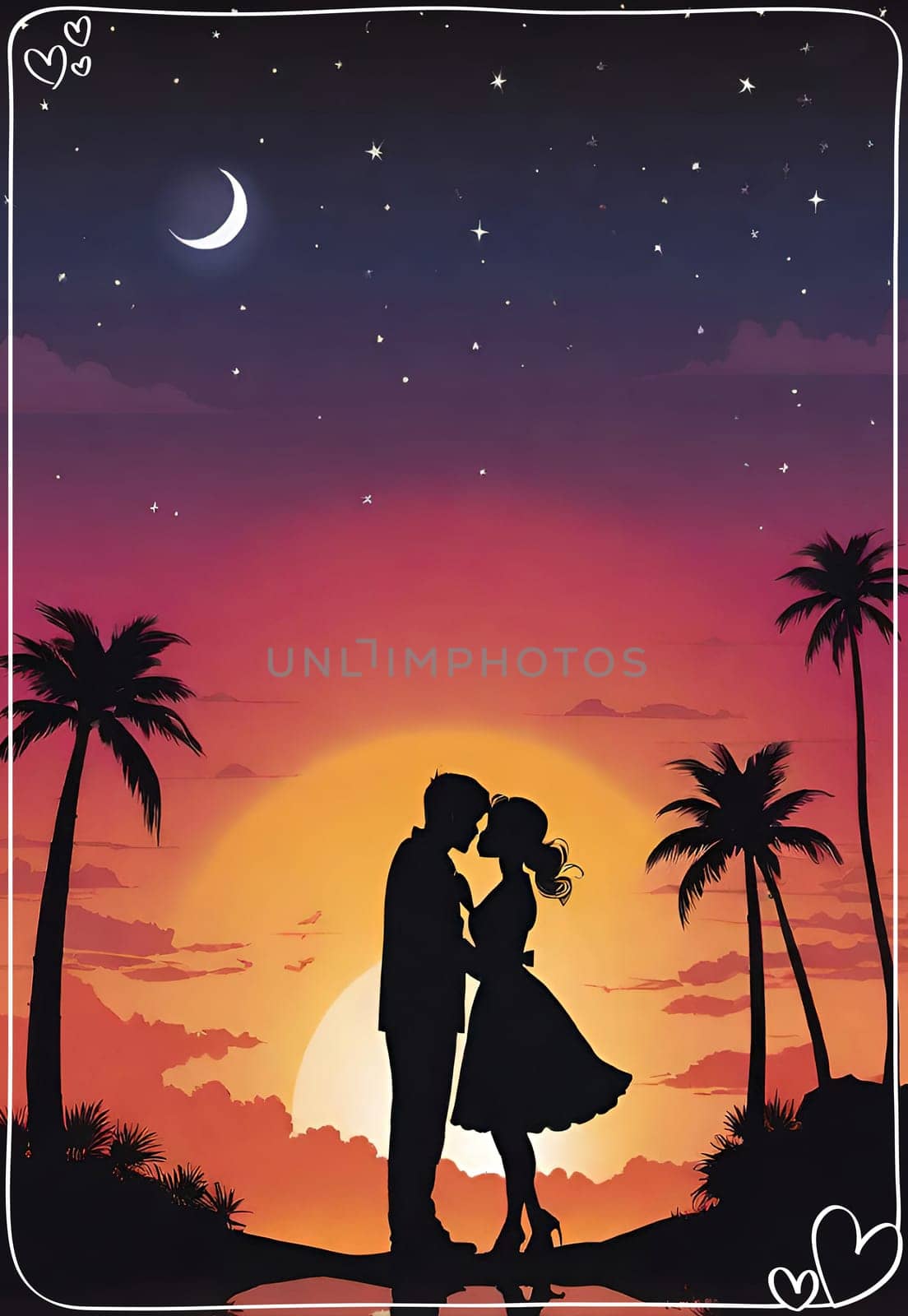 Silhouette of a loving couple on the background of the sunset. Love and Valentine day concept. Vector illustration.Silhouette of a loving couple at sunset.