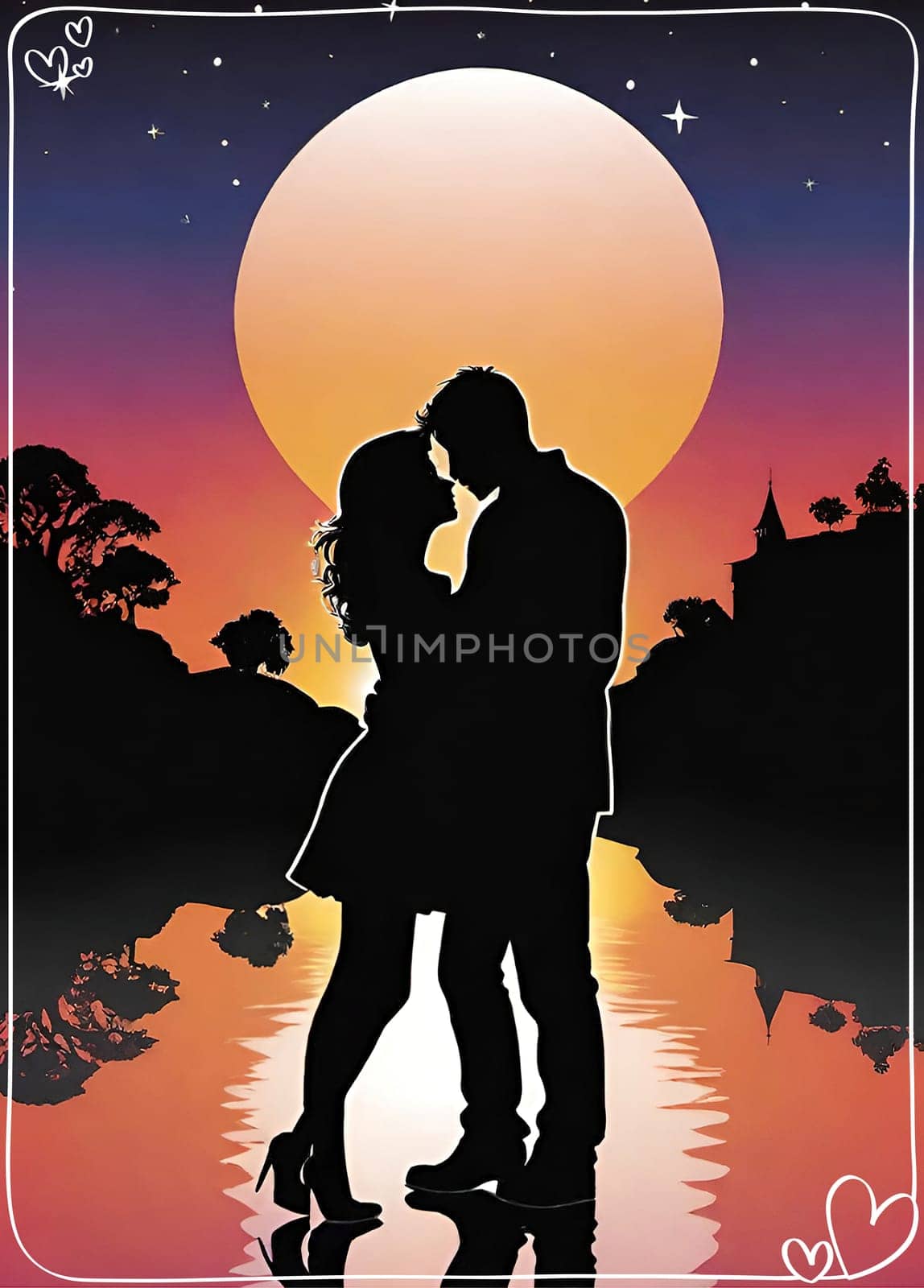 Silhouette of a loving couple on the background of the sunset. by yilmazsavaskandag