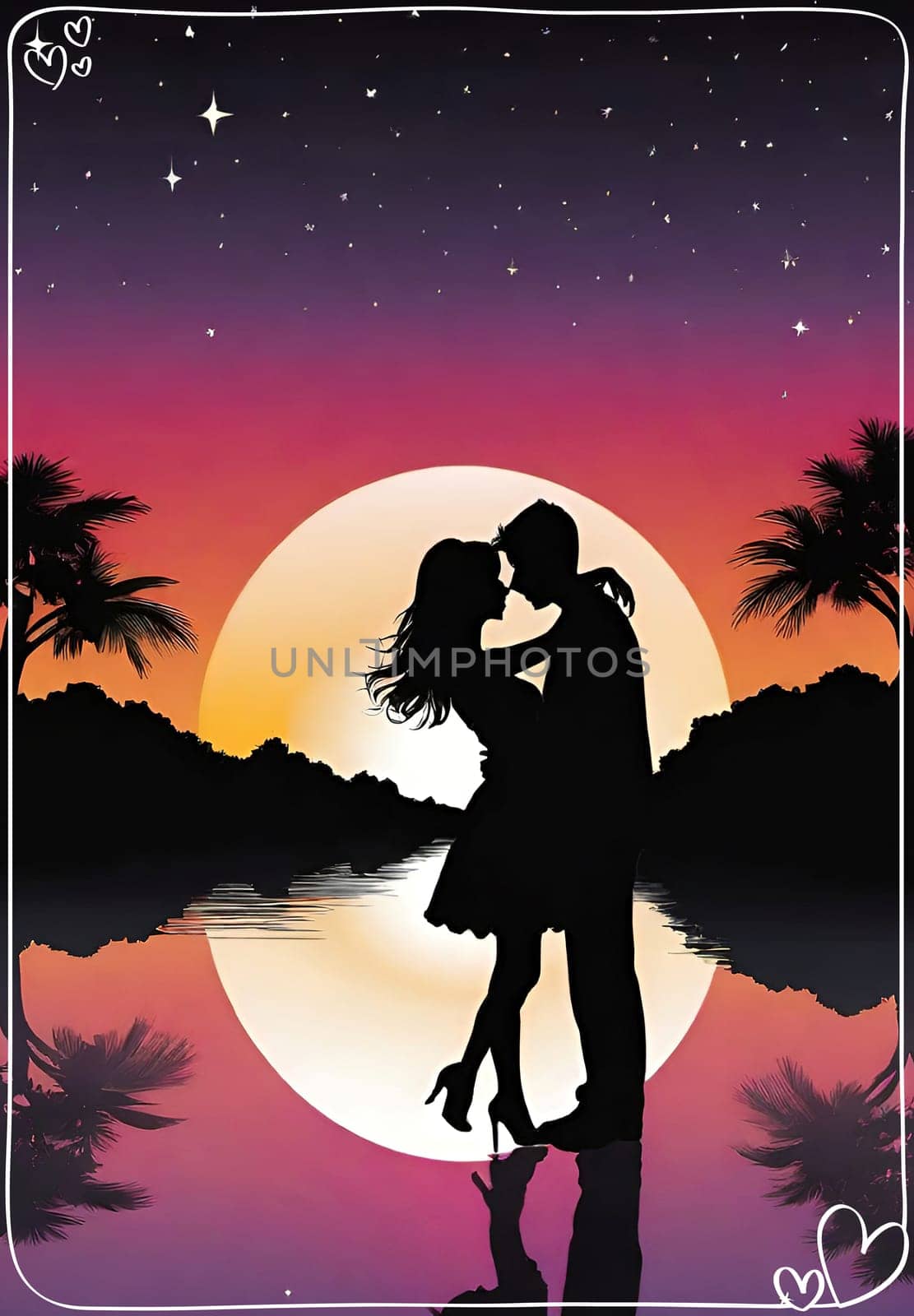 Silhouette of a loving couple on the background of the sunset. Love and Valentine day concept. Vector illustration.Silhouette of a loving couple at sunset.