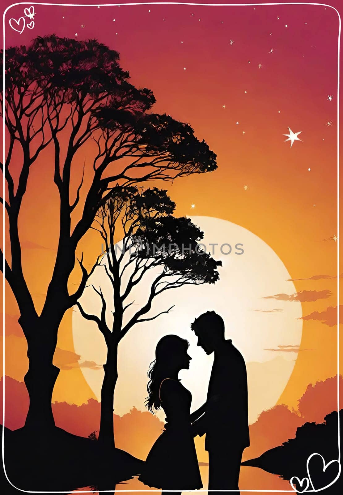 Silhouette of a loving couple on the background of the sunset. Love and Valentine day concept. Vector illustration.Silhouette of a loving couple at sunset.