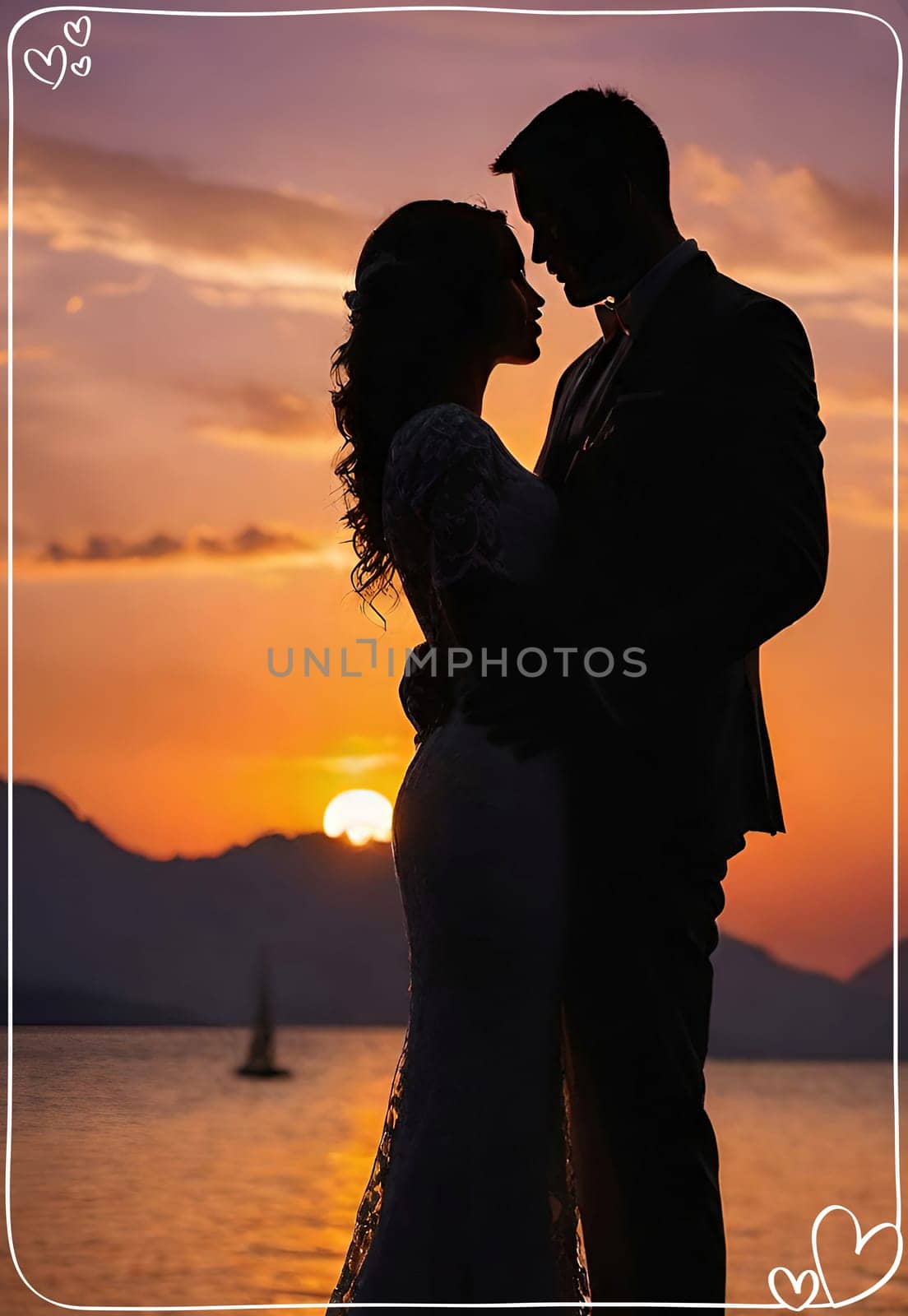 Silhouette of a loving couple on the background of the sunset. by yilmazsavaskandag