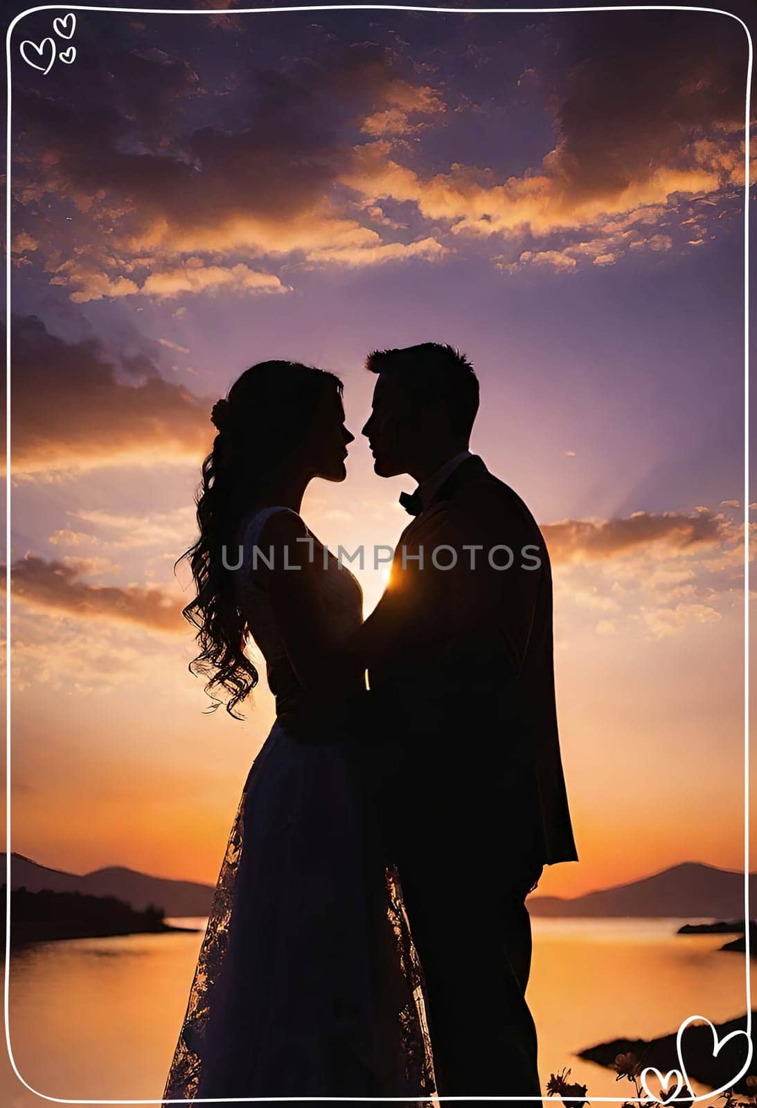 Silhouette of a loving couple on the background of the sunset. Love and Valentine day concept. Vector illustration.Silhouette of a loving couple at sunset.