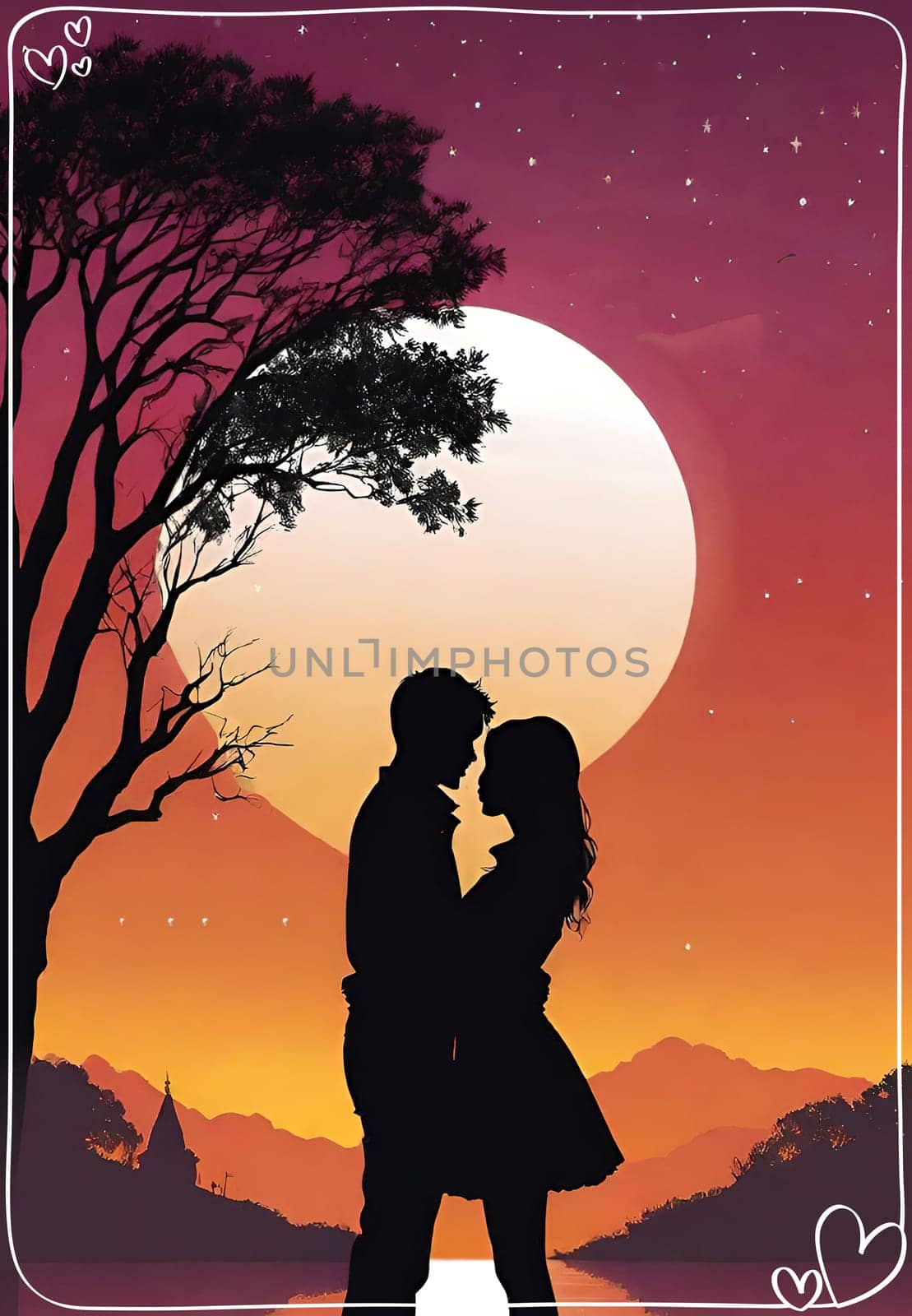 Silhouette of a loving couple on the background of the sunset. Love and Valentine day concept. Vector illustration.Silhouette of a loving couple at sunset.