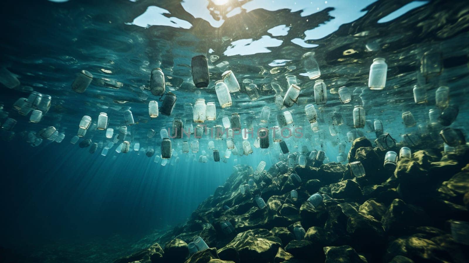 assorted trash sinking into the ocean contaminating the water. mixed media 3D illustration, rendering. High quality photo
