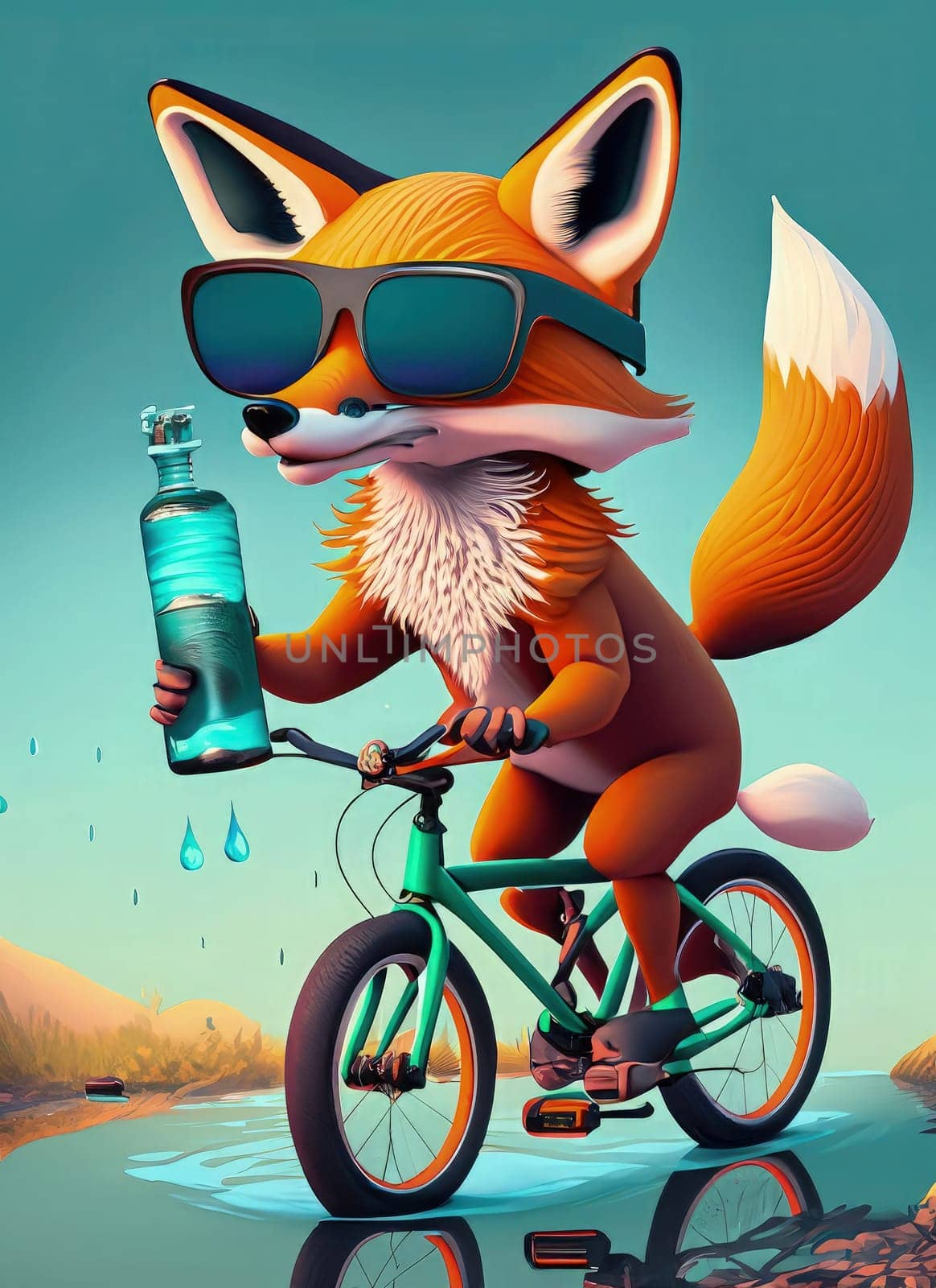 Funny fox riding a bicycle with a bottle of water in his hand. Cartoon illustration. by Waseem-Creations