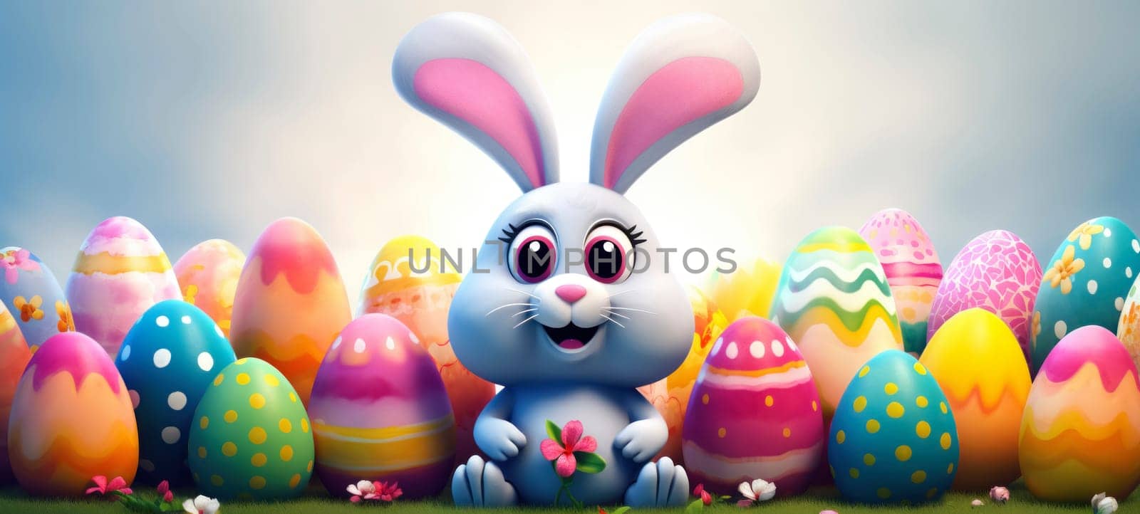 Happy Easter colorful banner with cute cartoon bunny rabbit and a lots of eggs by andreyz