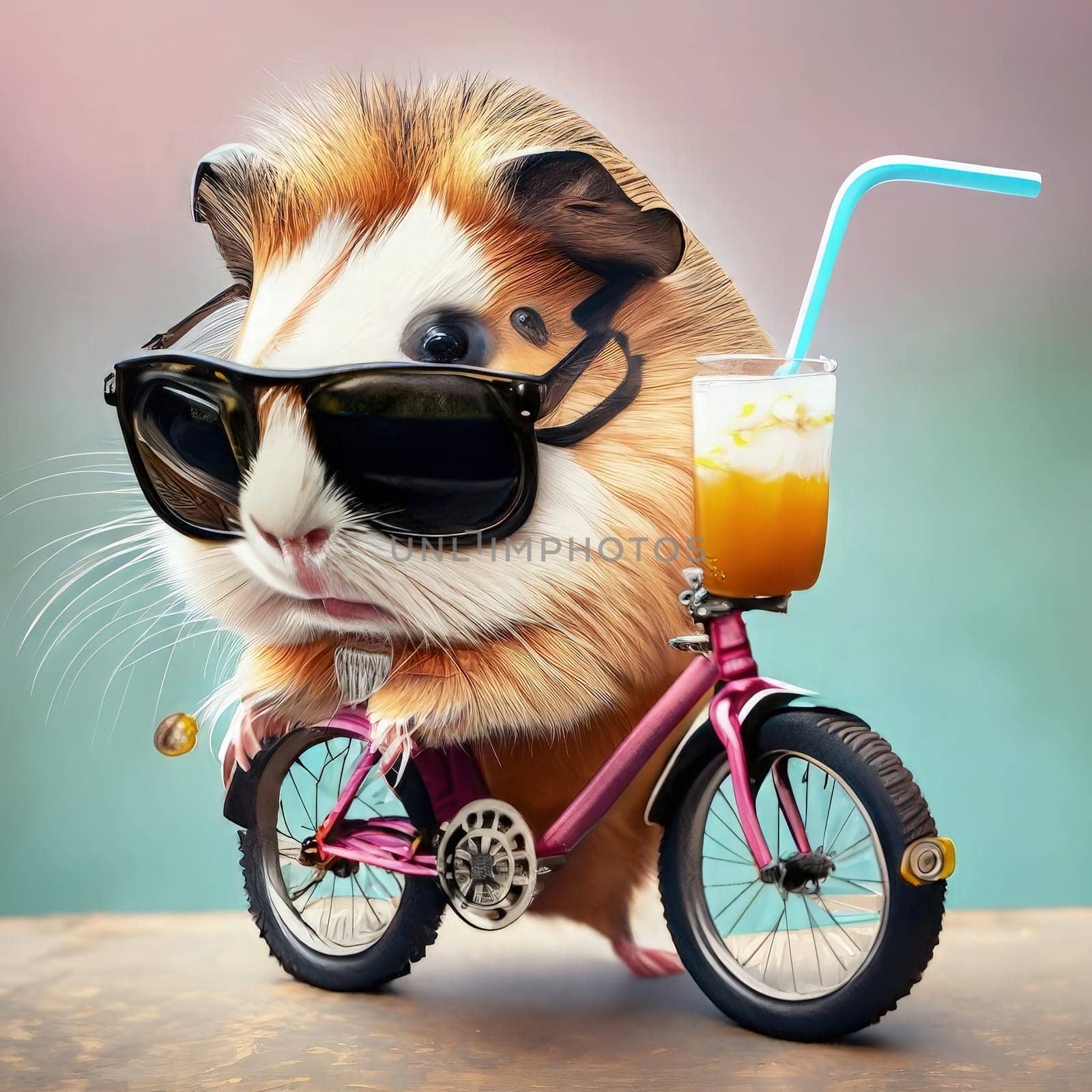 Cute guinea rat mouse rodent with sunglasses and a glass of juice on a bicycle. AI Generated.