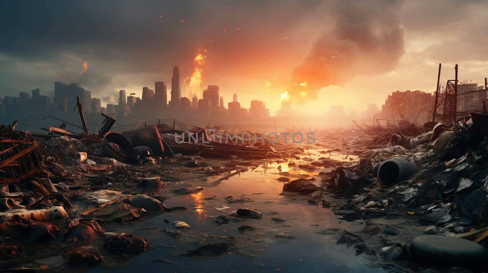 Ruins of a city. Apocalyptic landscape.3d illustration concept