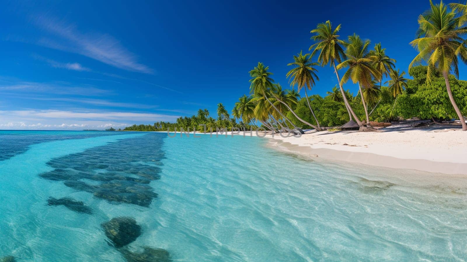 Maldives, the white sand beach with trees near the turquoise ocean. Several people having a rest on a deserted beach. Summer vacation on a tropical island. Luxury travel. Tranquility and relaxation. by Andelov13