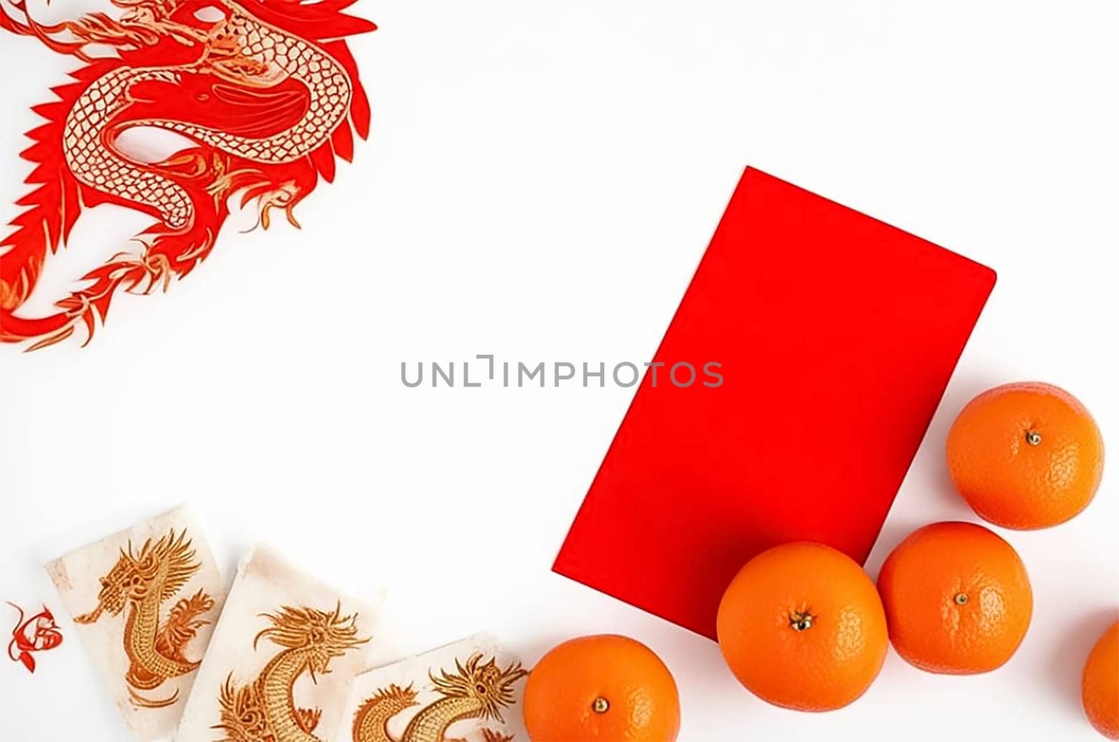 Traditional red Chinese Hongbao envelopes, mandarins and a dragon are symbols of the Chinese New Year on a white background, creating space for your text or promotion, flat lay.