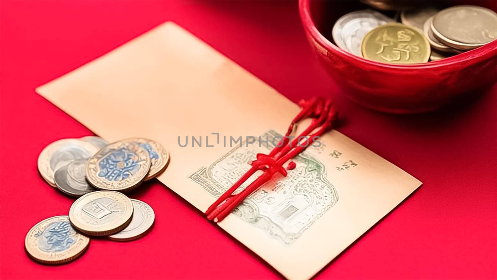 Background on the theme of the Chinese New Year . Traditional coins on a red background and in a plate, an envelope tied with red thread. Symbols of wealth and happiness.