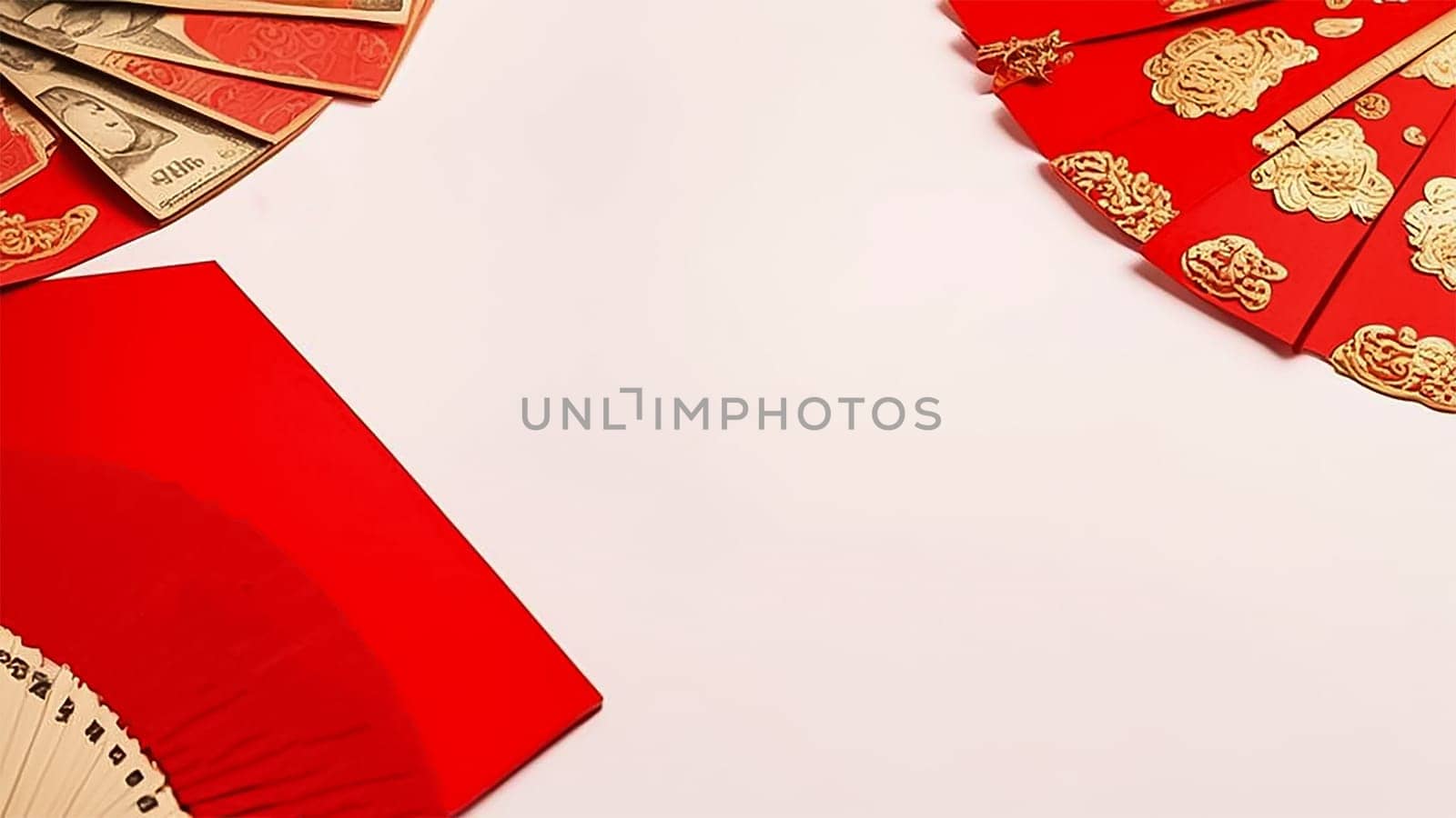 Top view of paper fans, traditional coins, red Hongbao Chinese envelope, on a white background, creating space for your text or promotion, flat lay
