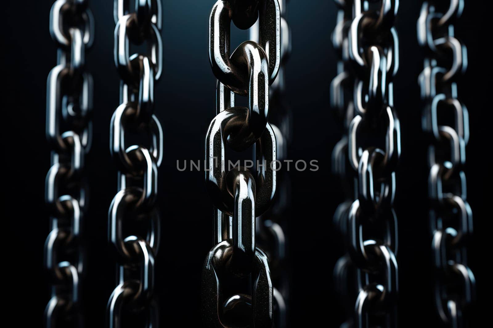 Connected Strength: A Rusty Row of Heavy Metallic Chains, Symbolizing Reliable Teamwork and Power, Against a Dark, Shadowy Wall