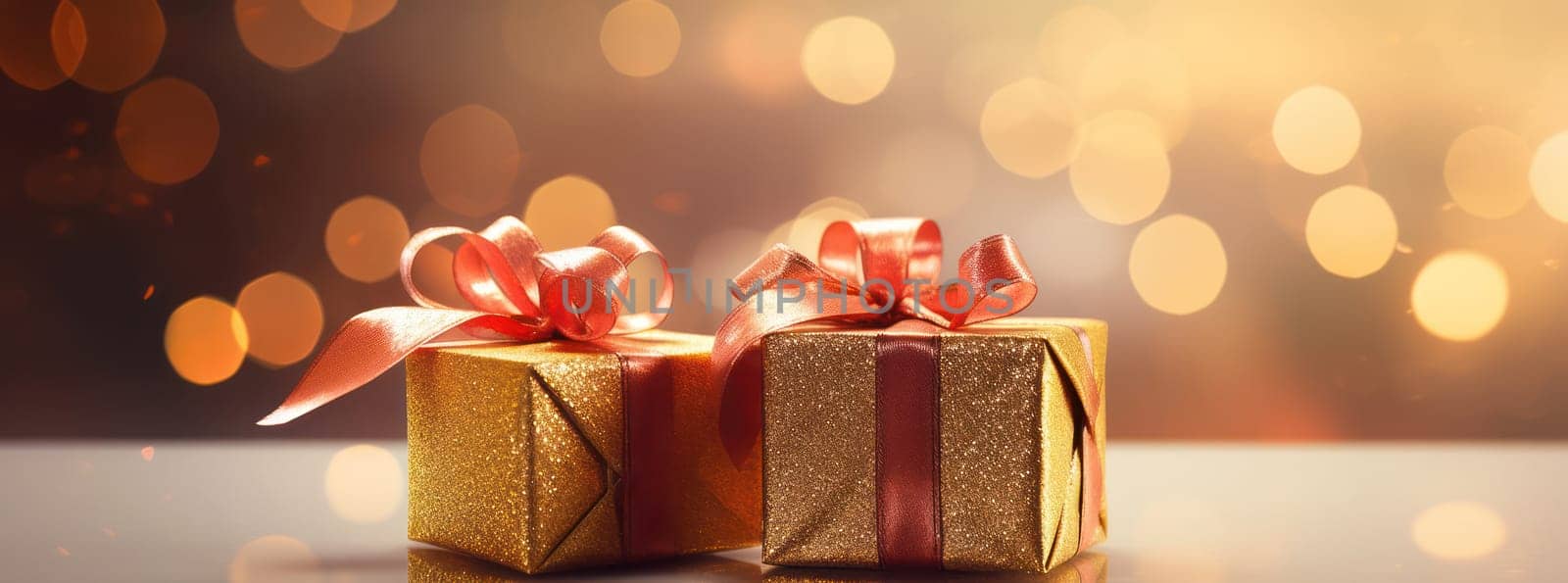 Shimmering Festive Delight: A Bright Christmas Gift Celebration with Decorative Boxes, Red Ribbons, and Gold Bow on Wooden Table