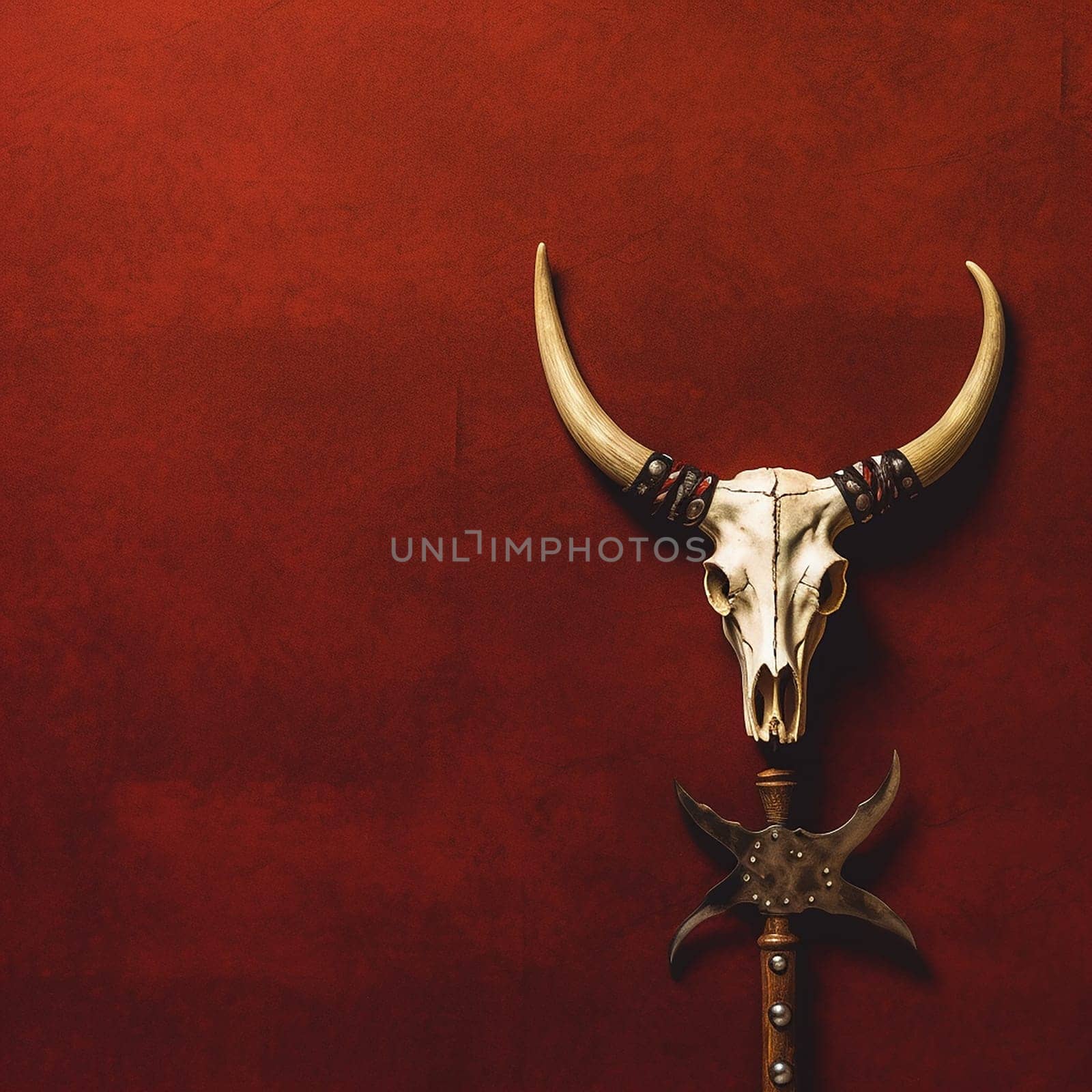 A Mysterious Display of a Horned Skull and Ancient and mysterious with red background