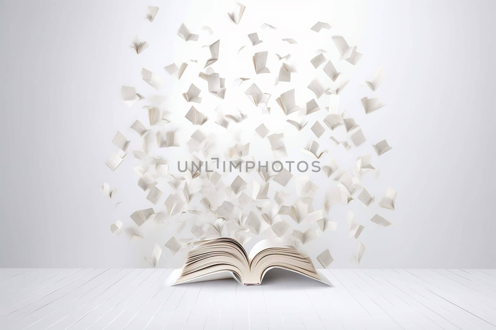 An illustration of a book with flying pages around meaning of thoughts on white background