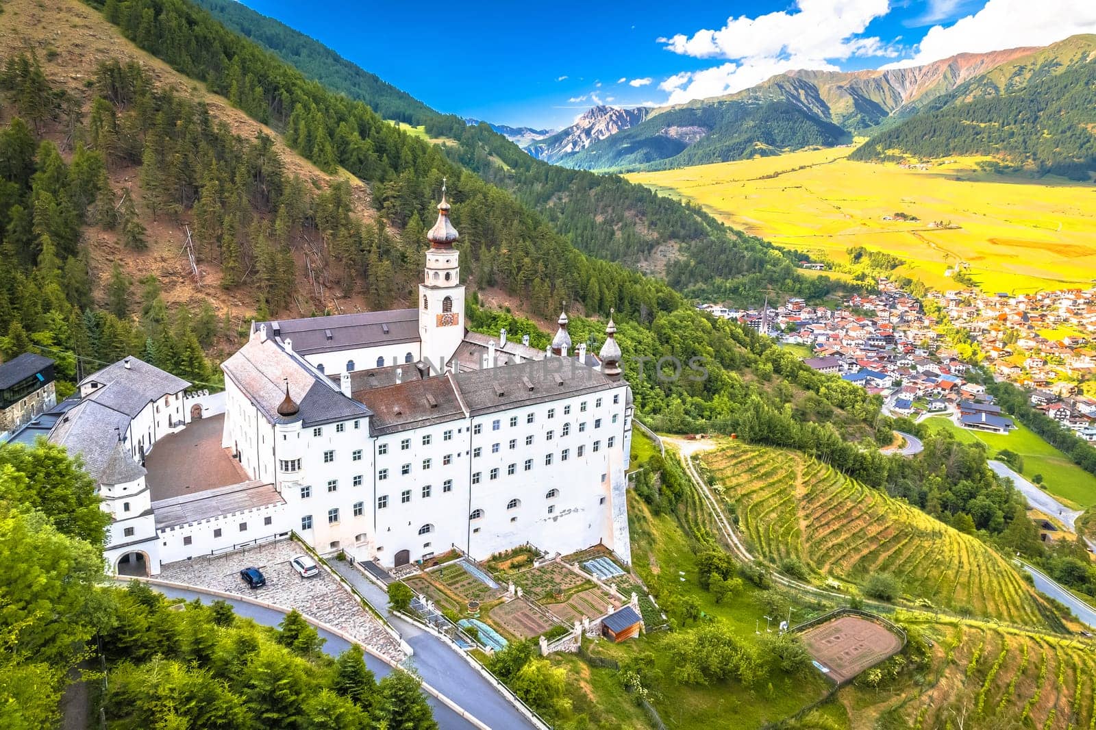 Abbey of Monte Maria in Alpine village of Burgeis view, Trentino Alto Adige region of Italy