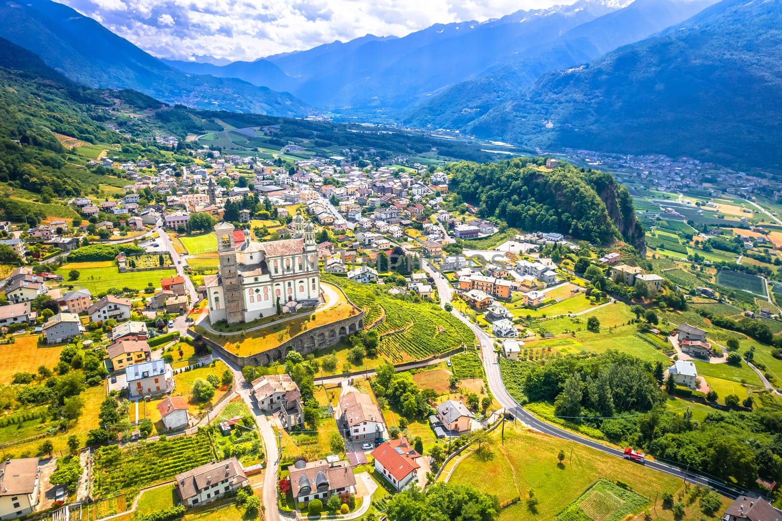 Idyllic mountain town of Tresivio in Province of Sondrio, Santa Casa Lauretana monastery. Lombardy region of Italy