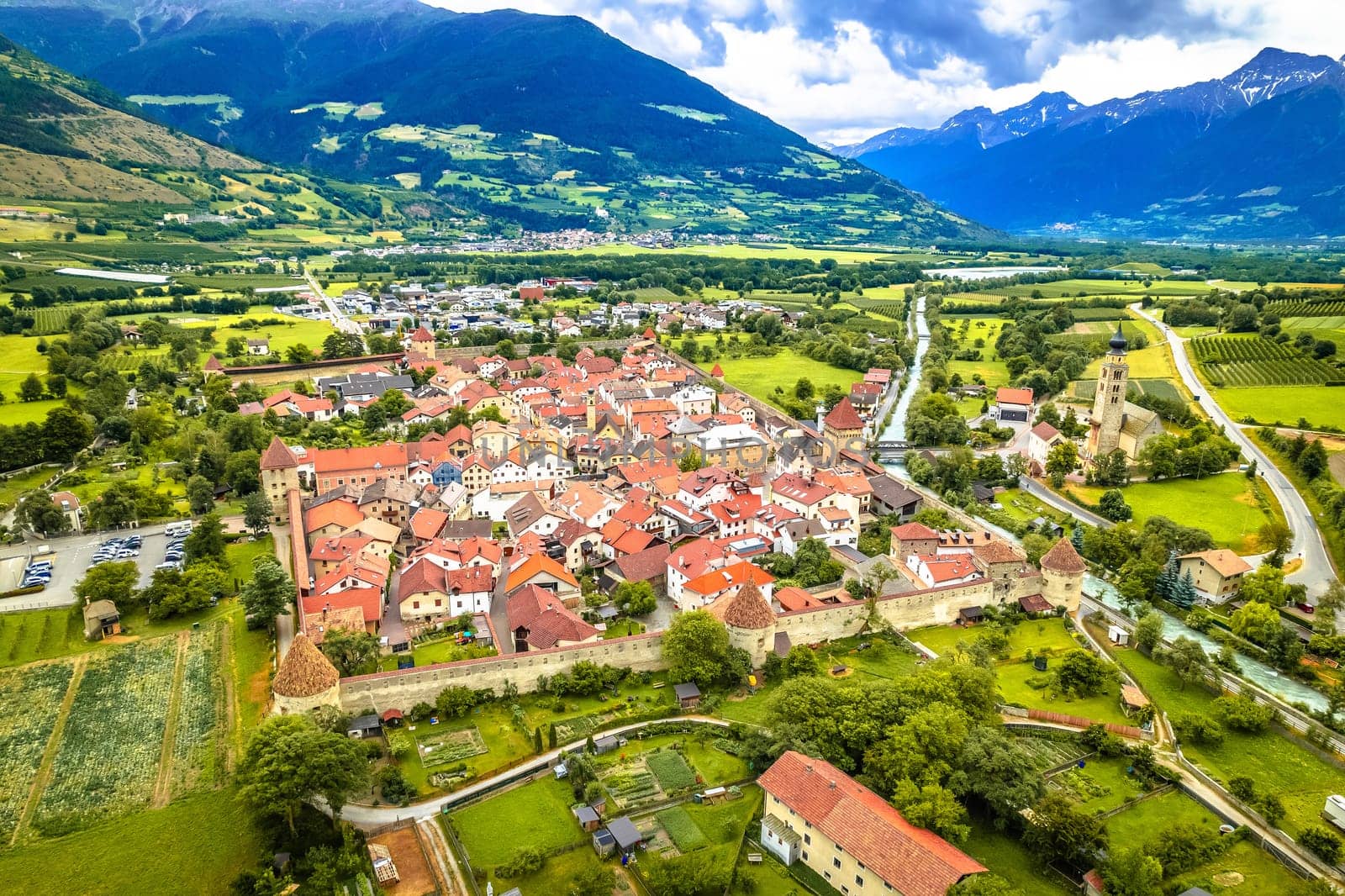 Fortified village of Glorenza or Glurns in Val Venosta aerial view. Trentino region of Italy
