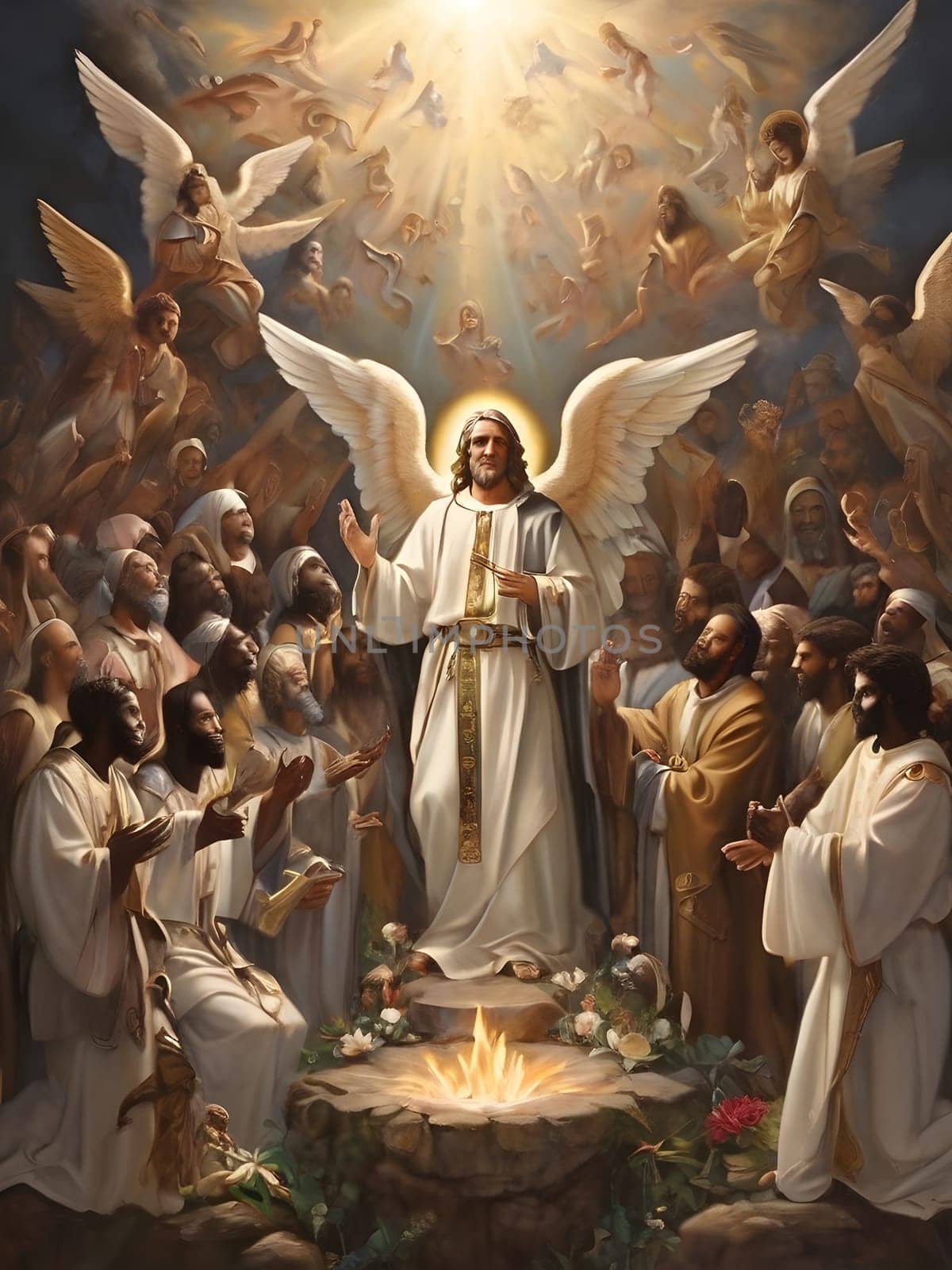 A masterpiece painting depicting Jesus with angels adoringly surrounding him. created with generative AI technology