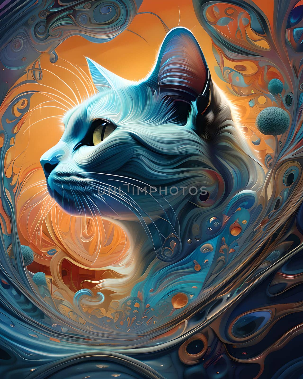 Discover an enchanting painting featuring a captivating cat, adorned with mesmerizing blue eyes. created with generative AI technology