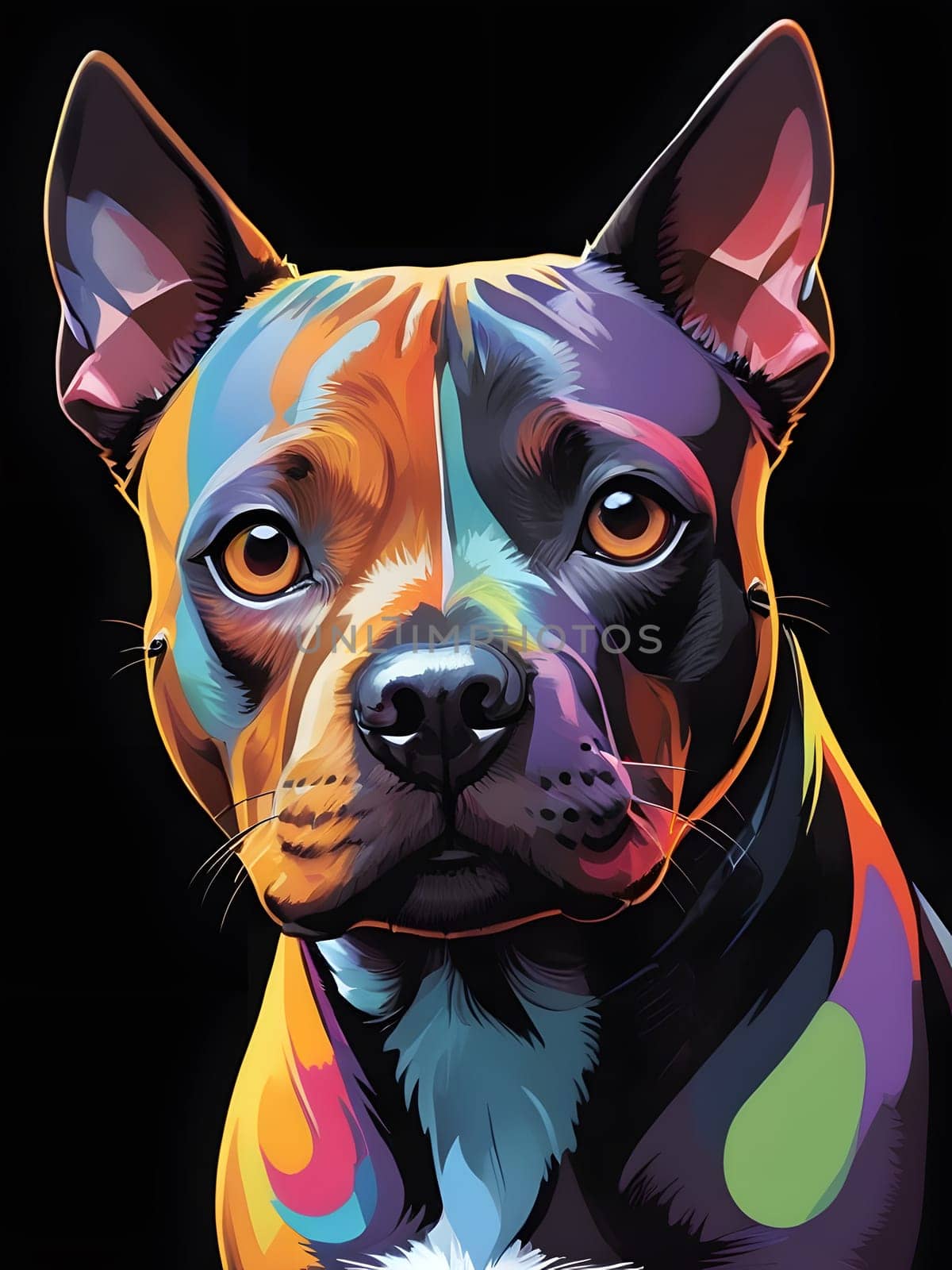 A striking painting of a dog set against a deep black background, capturing the beauty and essence of our faithful four-legged friends. created with generative AI technology