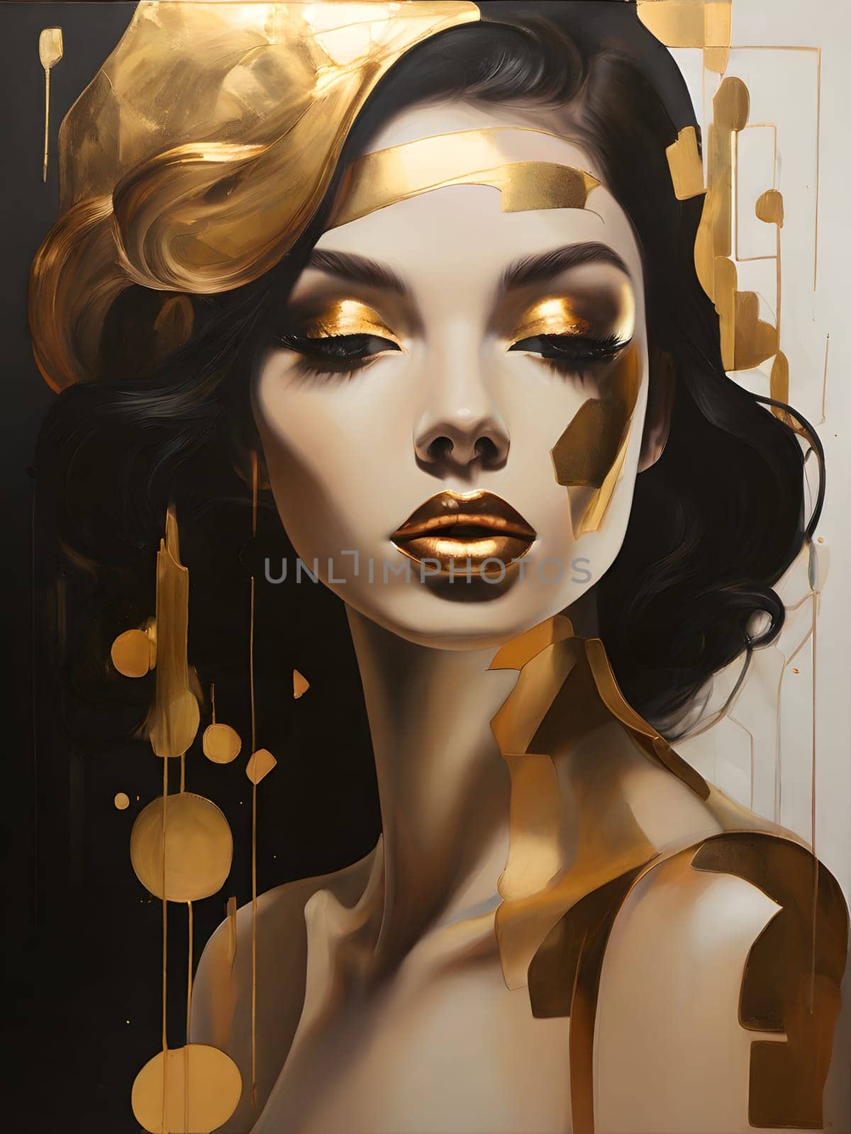 In this captivating painting, a woman adorns herself with gold makeup, creating a dazzling and bold visual impact. created with generative AI technology