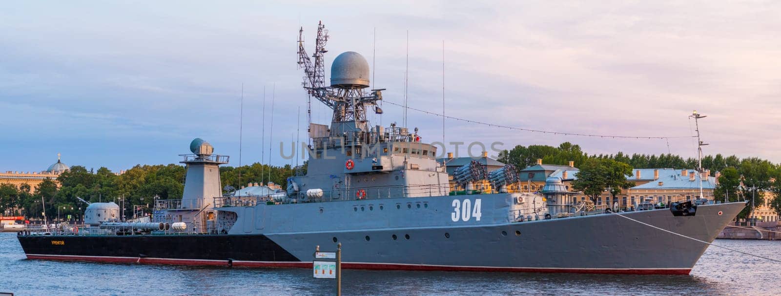 Small anti-submarine ship of project 133.1 Urengoy in Neva river at summer morning in Saint-Petersburg, Russia - July 22, 2015