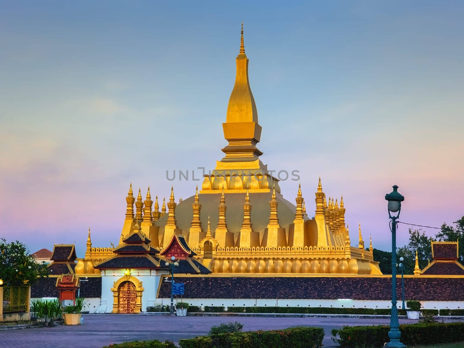 Pha That Luang golden stupa at sunset, Vientiane, Laos, Lao People's Democratic Republic