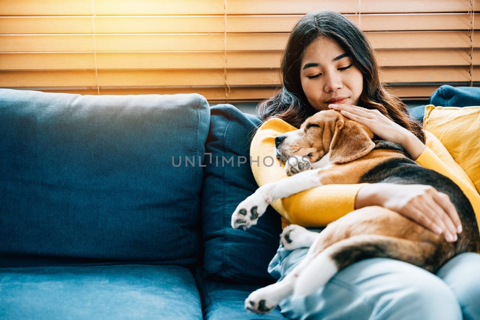 In their living room, an Asian woman and her Beagle puppy enjoy a nap on the sofa, showcasing their friendship, trust, and the joy of togetherness. It's a heartwarming portrait of love. Pet love by Sorapop