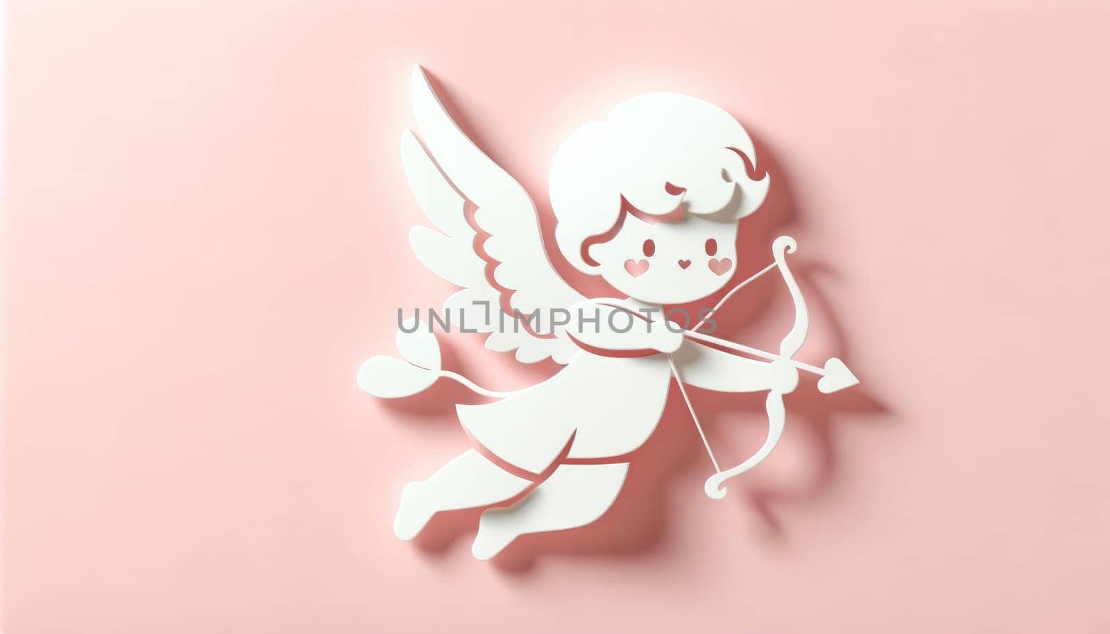 Valentines day cupid with bow and arrow on pink background. Generative AI.
