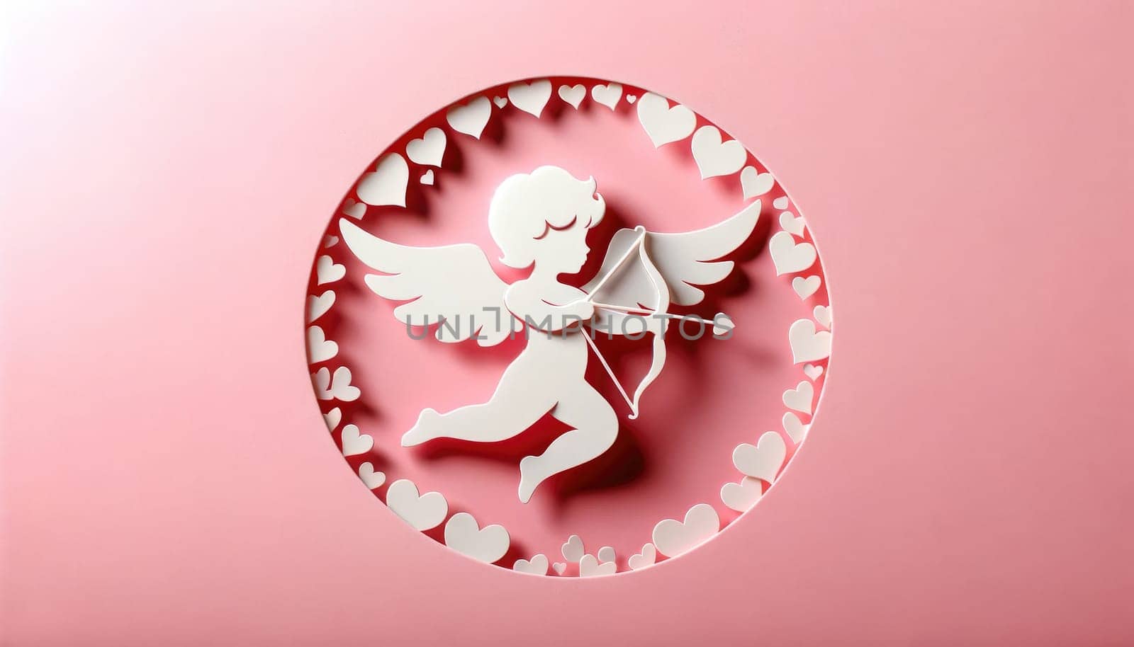 Valentines day cupid with bow and arrow on pink background. Generative AI.