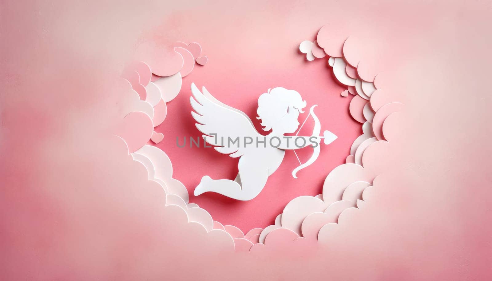 Valentines day cupid with bow and arrow on pink background. Generative AI by itchaznong