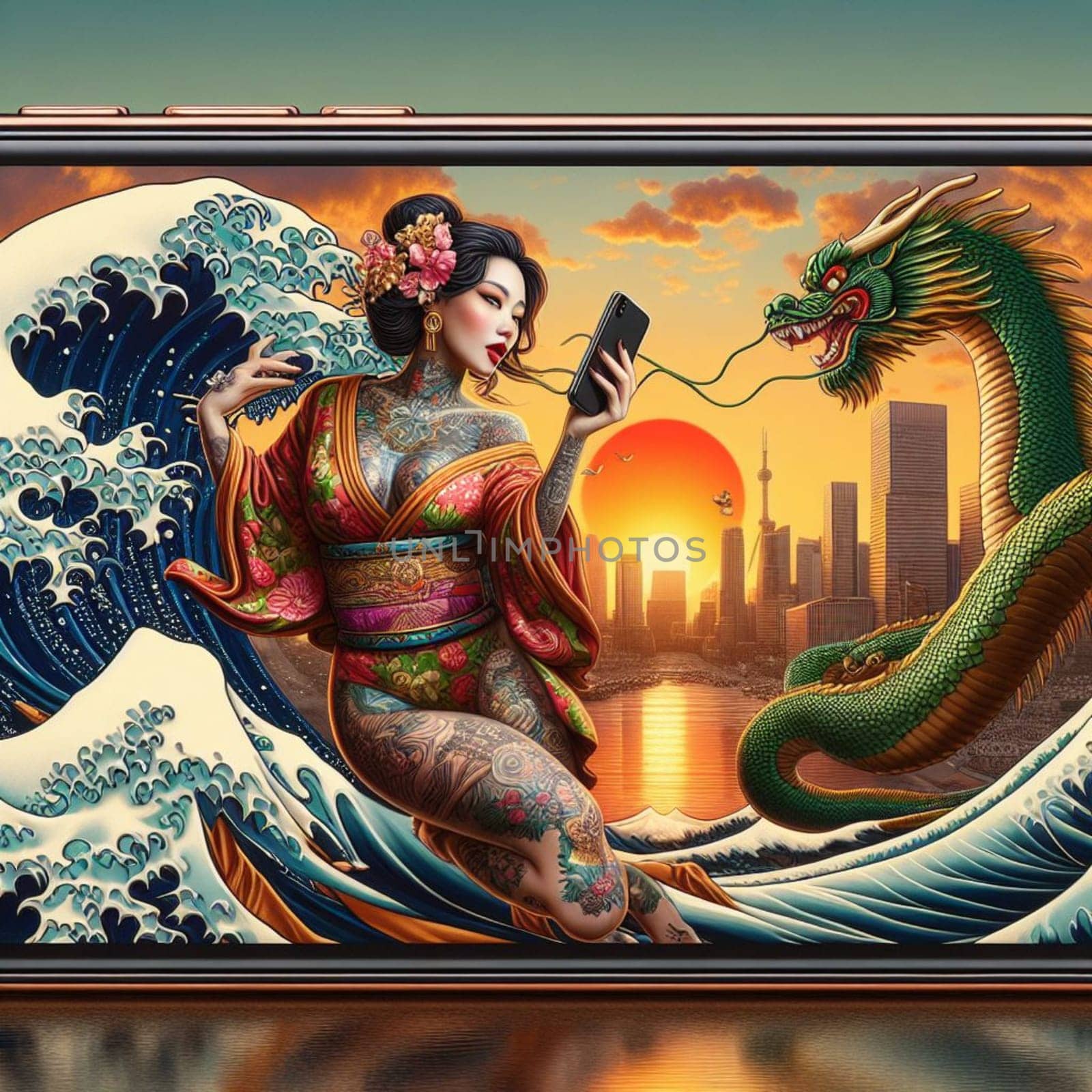 traditional asian woman wear kimono silky dress dance with dragon in chinese new year, background shanghai city skyline come out of phone screen on a desk
