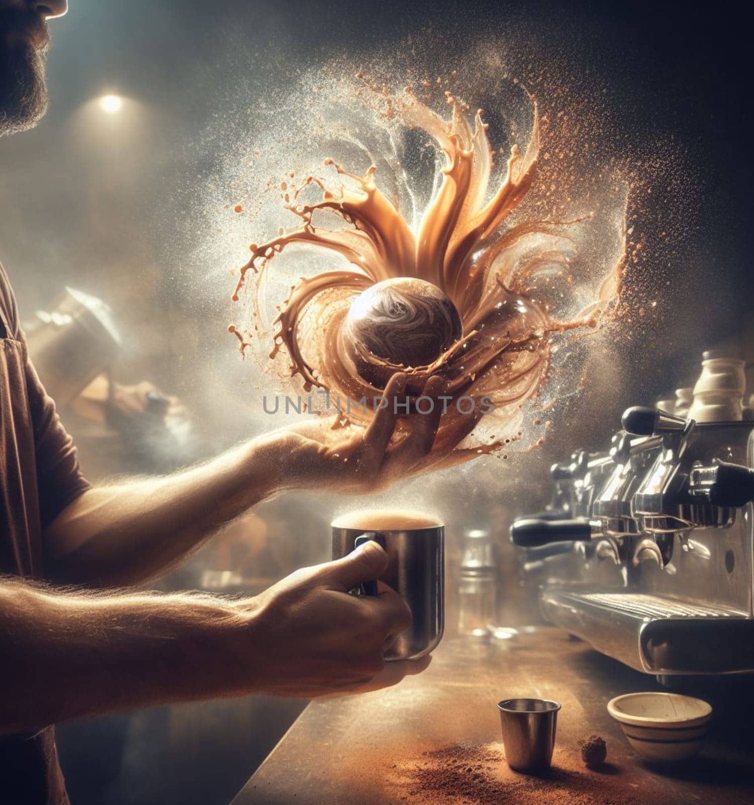 make latte art golden cappuccino at bar expert barista splashing cream fantasy illustration render by verbano