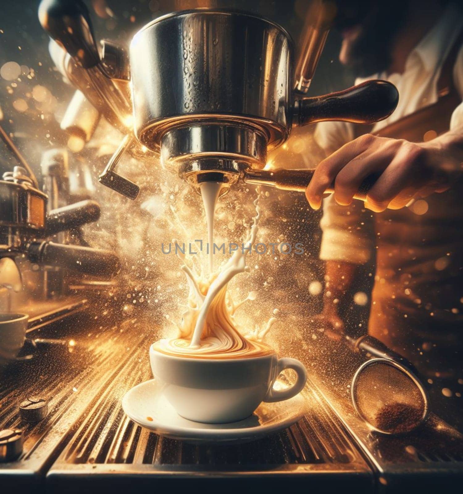 make latte art golden cappuccino at bar expert barista splashing cream fantasy illustration render by verbano