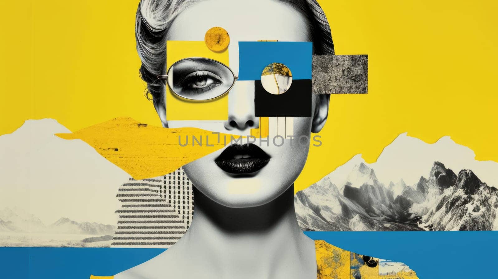 Art collage halftone woman portrait on nature background. Yellow sky and blue sea, mountains and geometric shapes