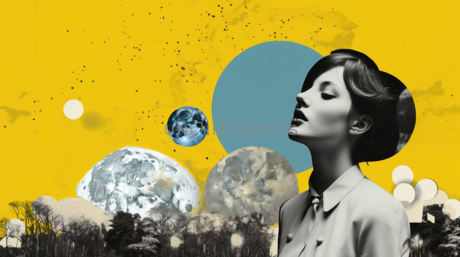 Art collage halftone woman portrait on nature background. Moon and planets on yellow sky, grass and geometric shapes, grunge texture